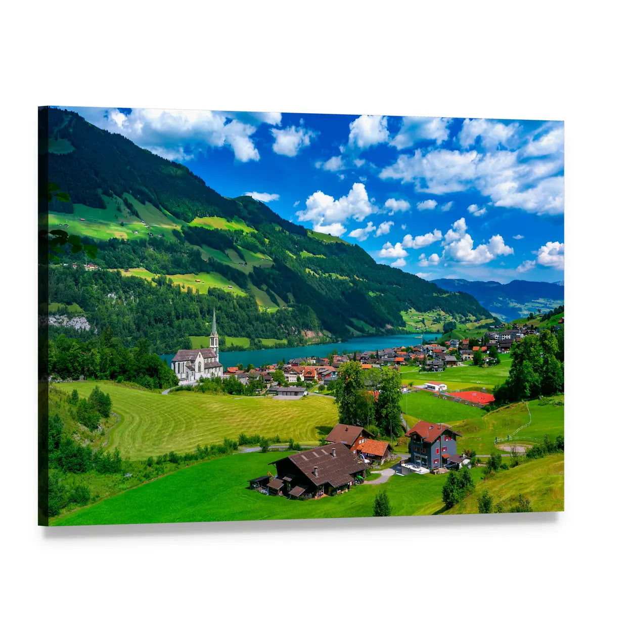 Swiss Village Lungern In Switzerland Canvas Wall Art, single panel gallery wrapped canvas, angled product view