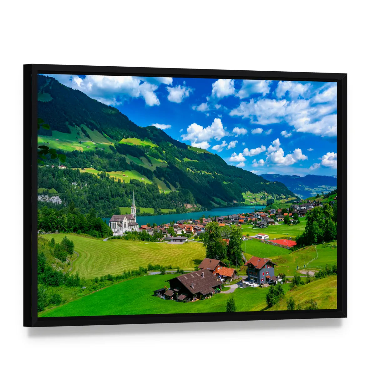 Swiss Village Lungern In Switzerland Canvas Wall Art, framed canvas in a black floater frame, angled product view