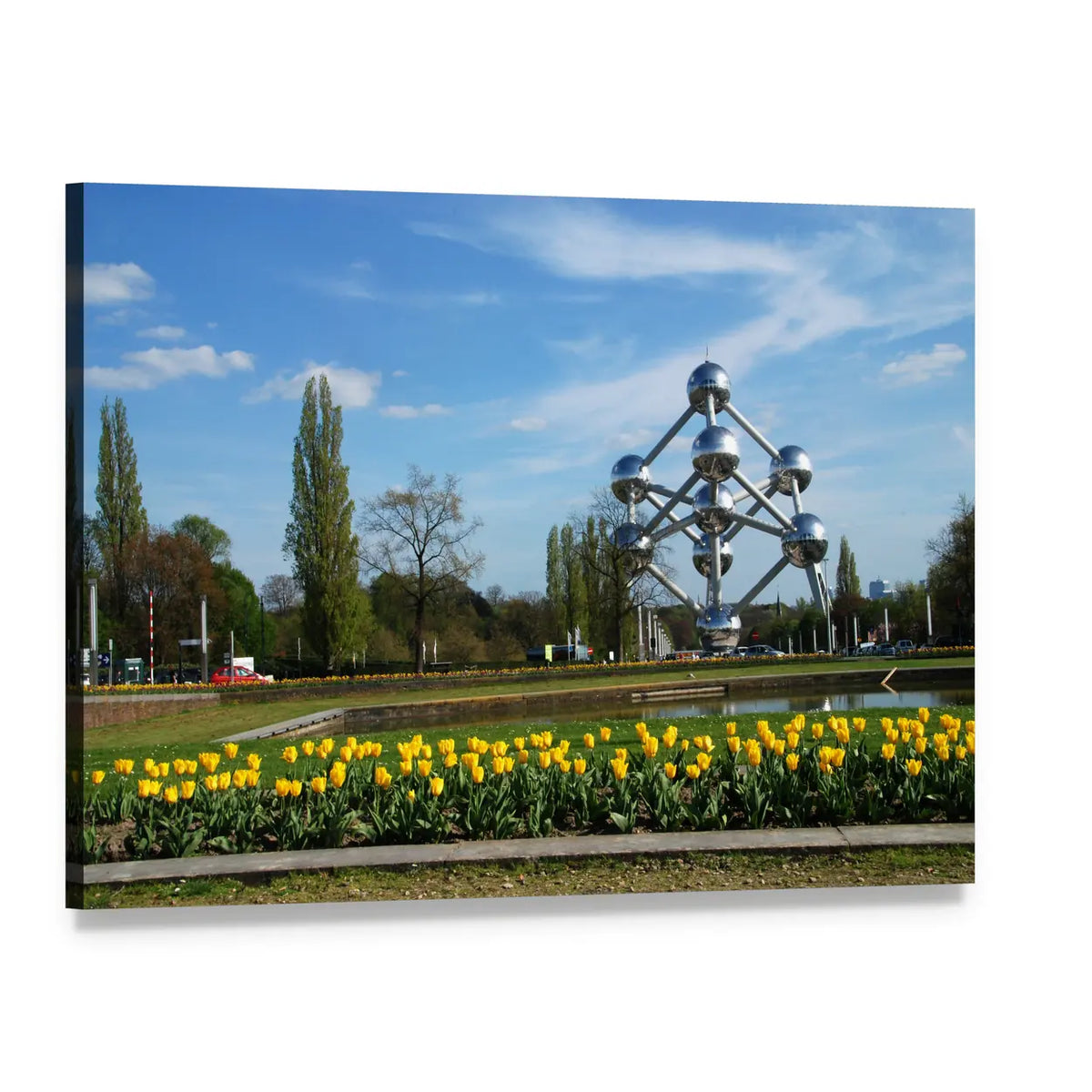 Atomium in Brussels with Yellow Tulips Canvas Wall Art, single panel gallery wrapped canvas, angled product view
