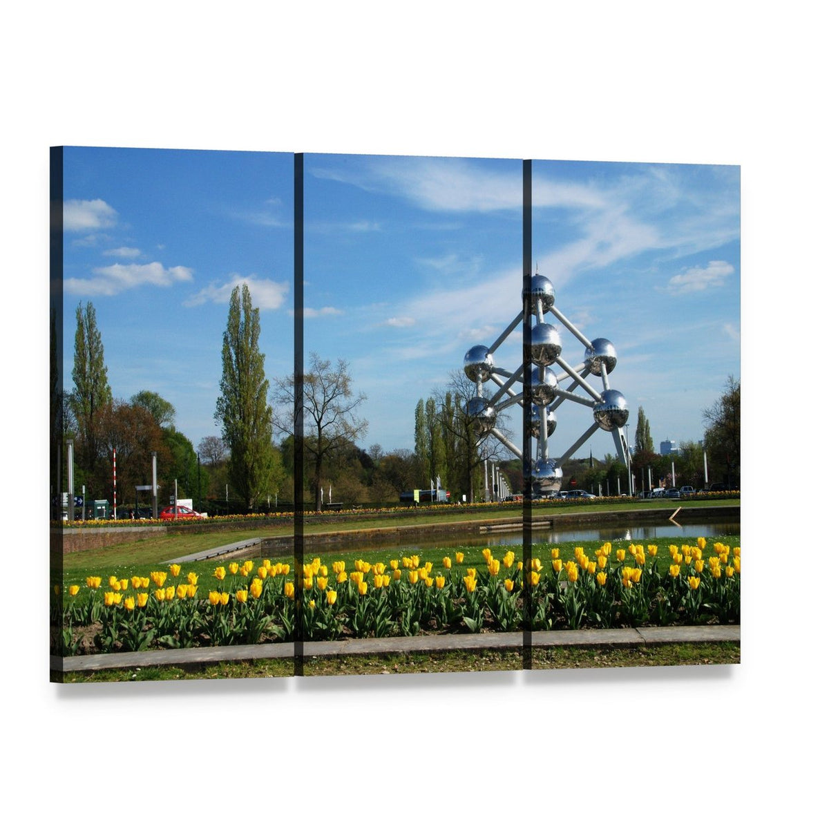 Atomium and Tulips in Brussels Canvas Wall Art, 3 panel 3 Horizontal layout gallery wrapped canvas set, angled product view