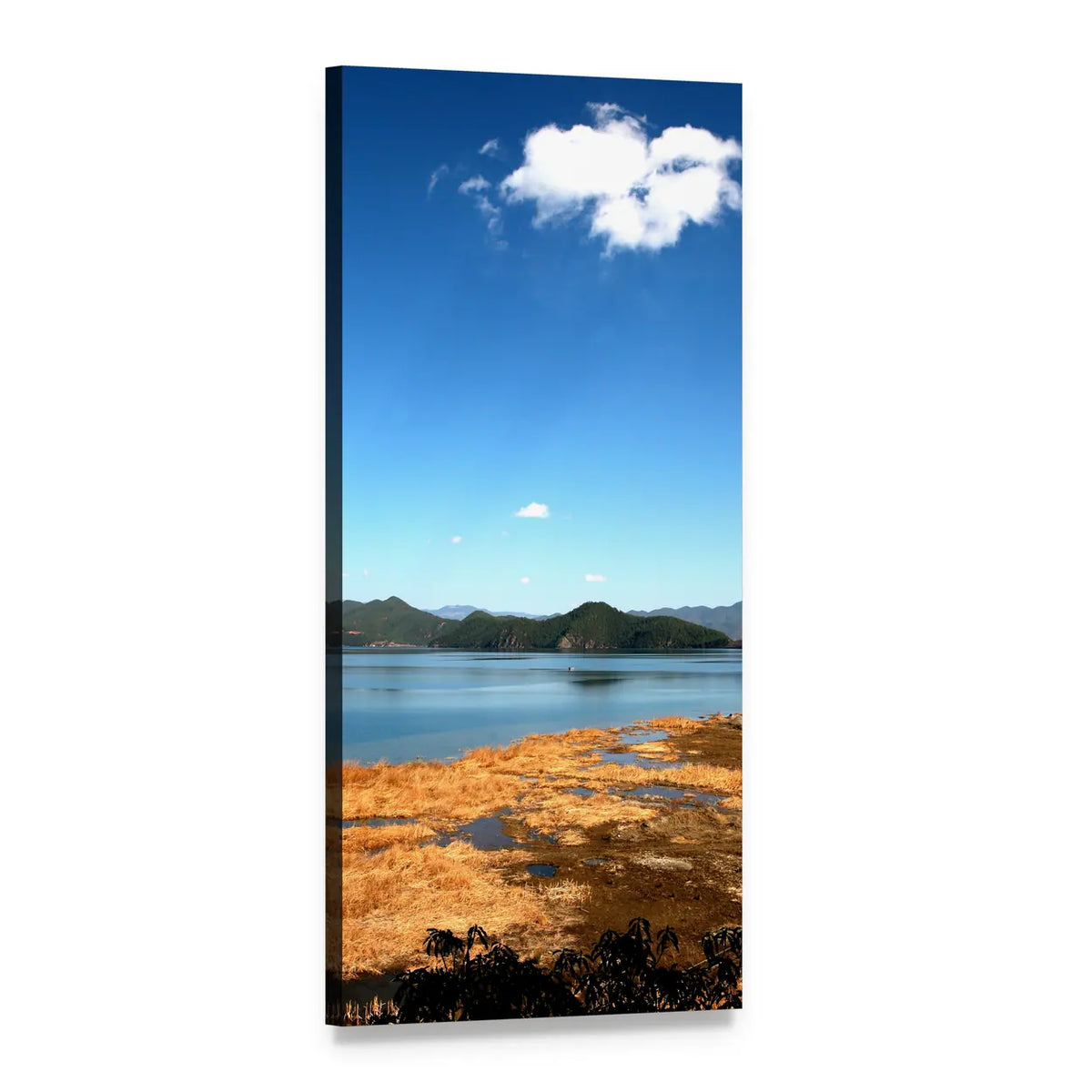 Lugu Lake in Autumn Vertical Canvas Wall Art, 1 panel 1 Vertical layout gallery wrapped canvas set, angled product view