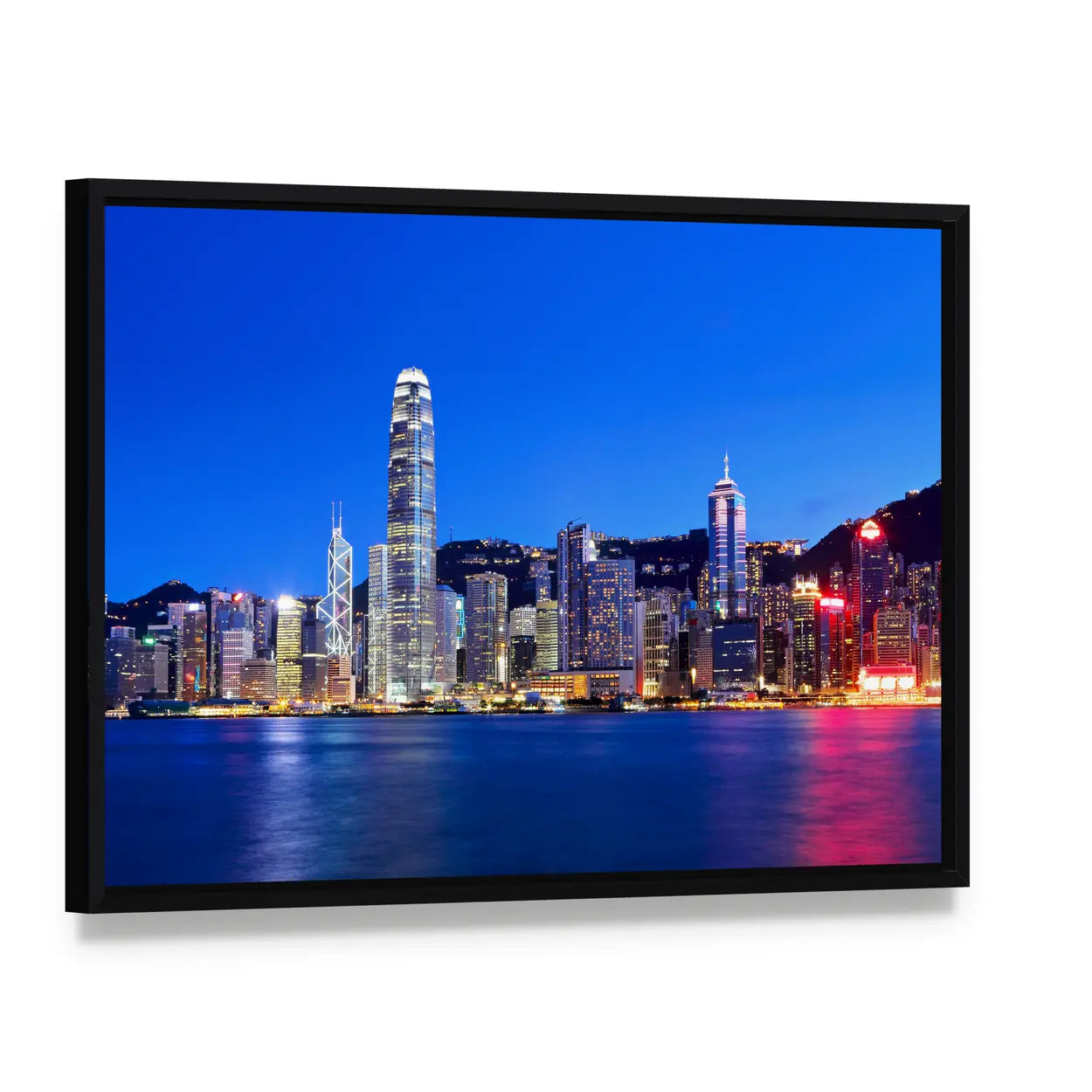 Hong Kong Night Skyline Canvas Wall Art, framed canvas in a black floater frame, angled product view