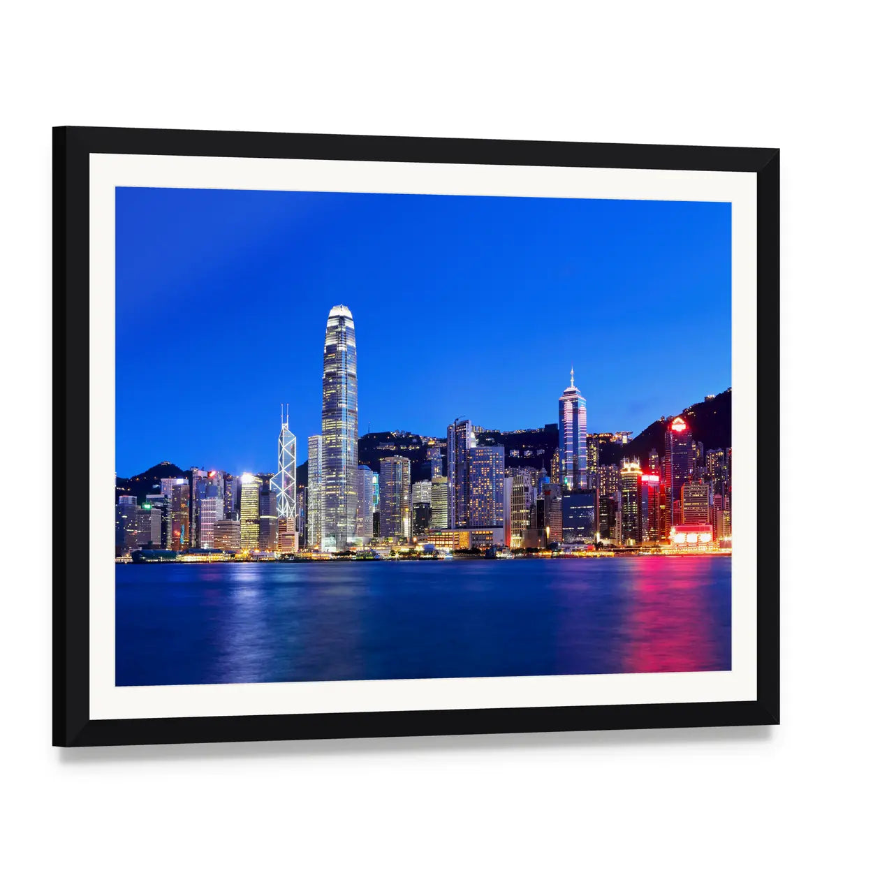 Hong Kong Night Skyline Canvas Wall Art, framed print with white mat and black frame, angled product view