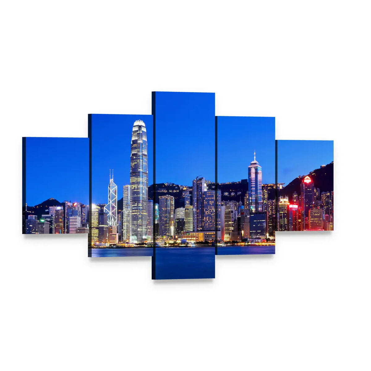 Hong Kong Night Skyline Canvas Wall Art, 5 panel 5 Star layout gallery wrapped canvas set, angled product view