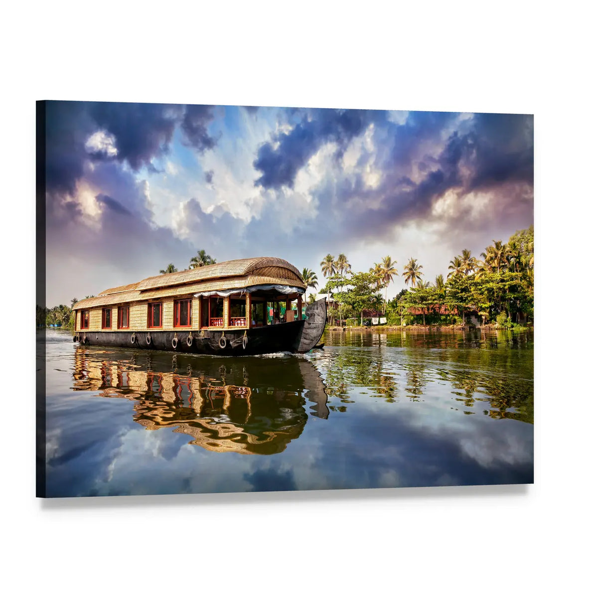 Houseboat on Kerala Backwaters Canvas Wall Art, single panel gallery wrapped canvas, angled product view