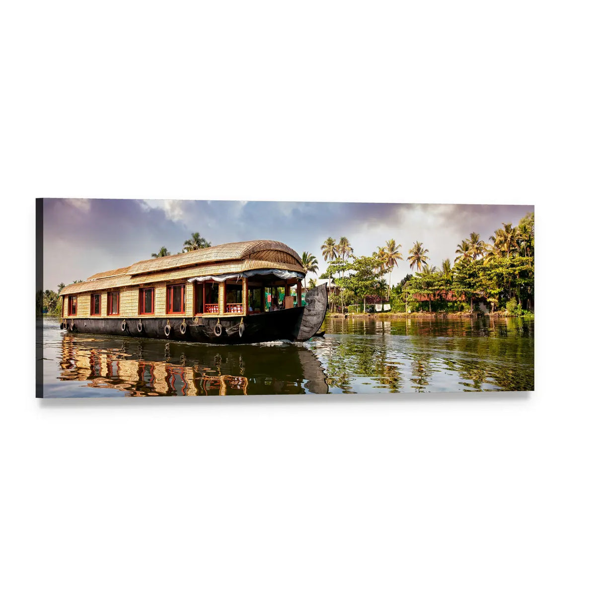 Thatched Houseboat with Palm Reflections Panoramic Canvas Wall Art, single panel gallery wrapped canvas, angled product view