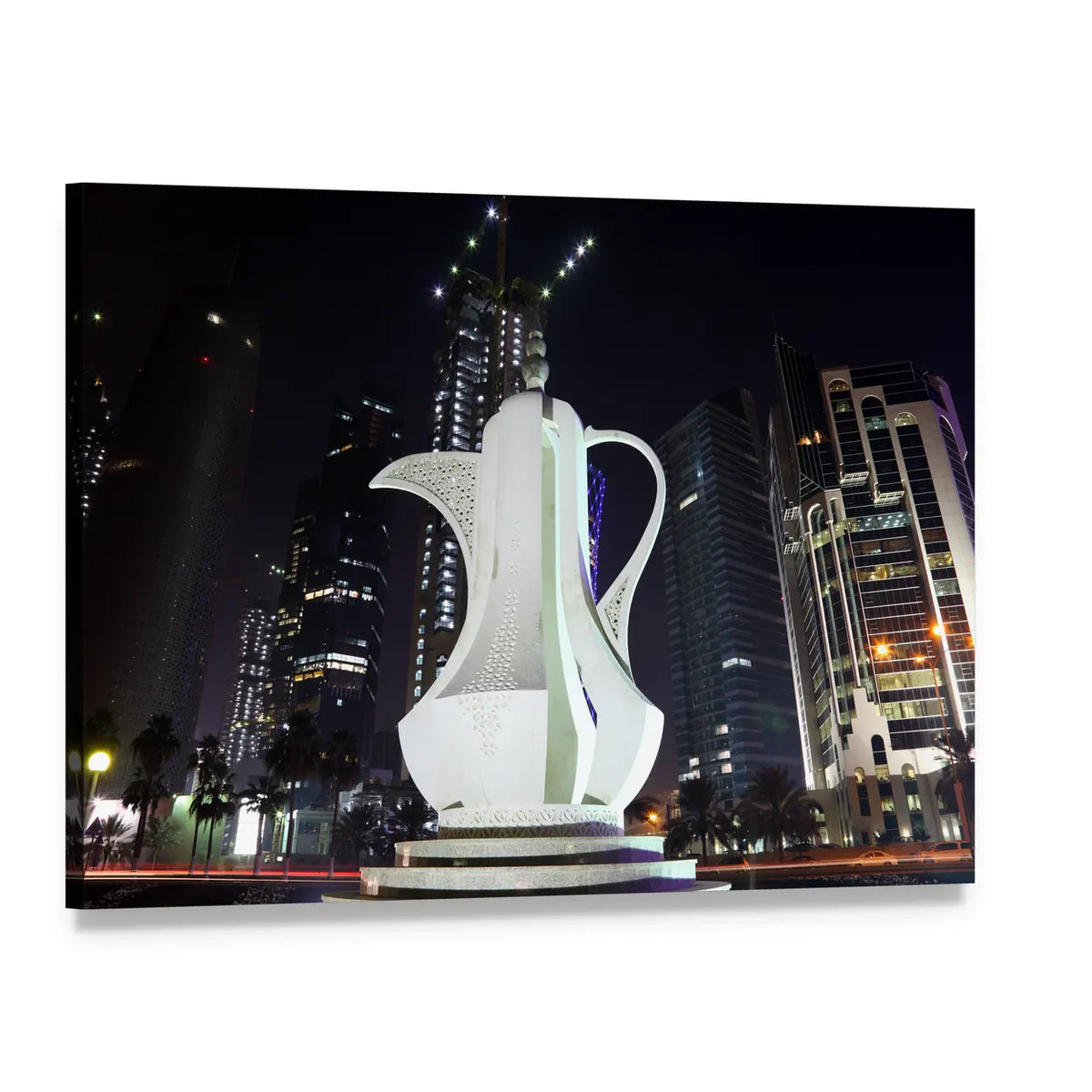 Doha Coffee Pot Monument at Night Canvas Wall Art, single panel gallery wrapped canvas, angled product view