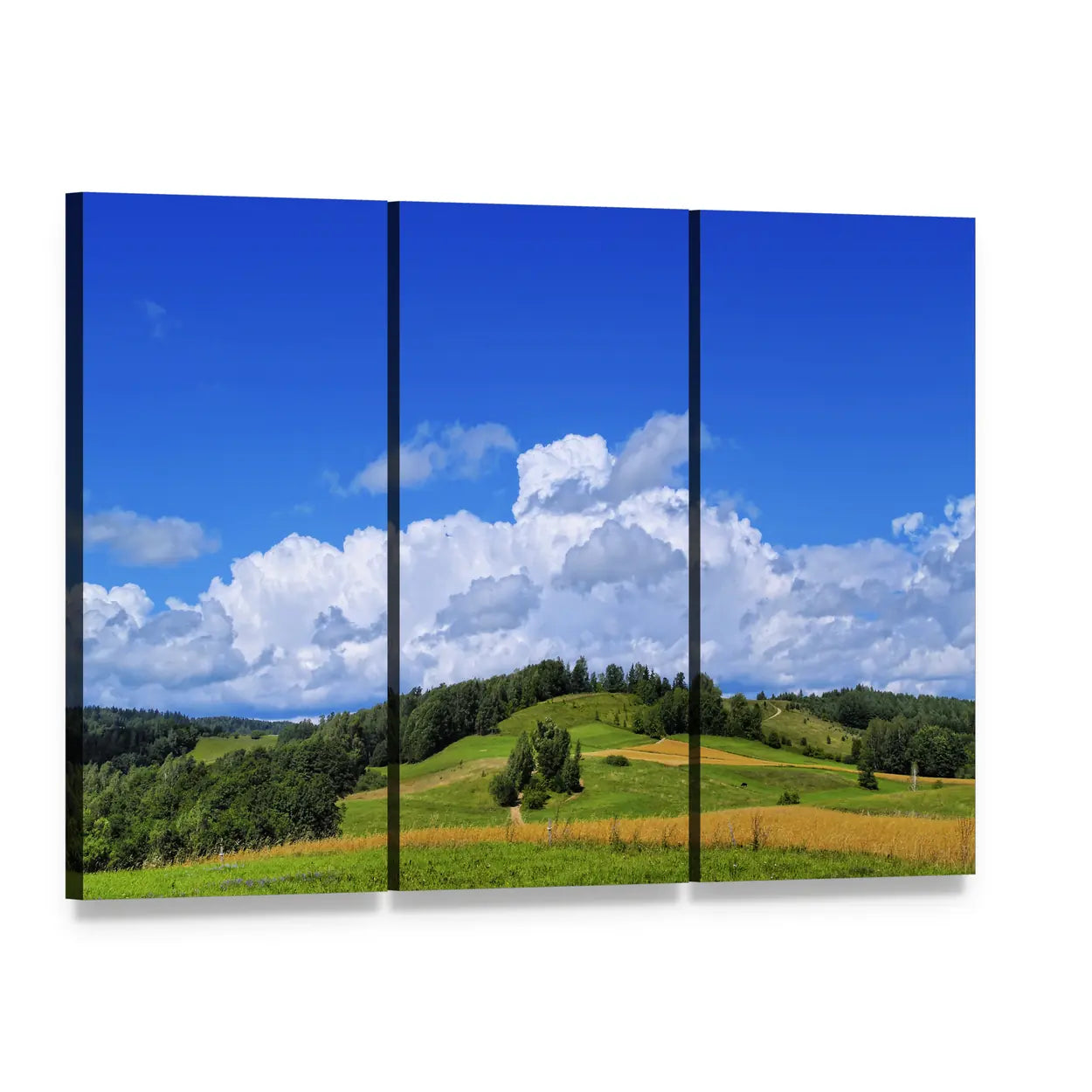 Summer Hills with Yellow Fields Canvas Wall Art, 3 panel 3 Horizontal layout gallery wrapped canvas set, angled product view