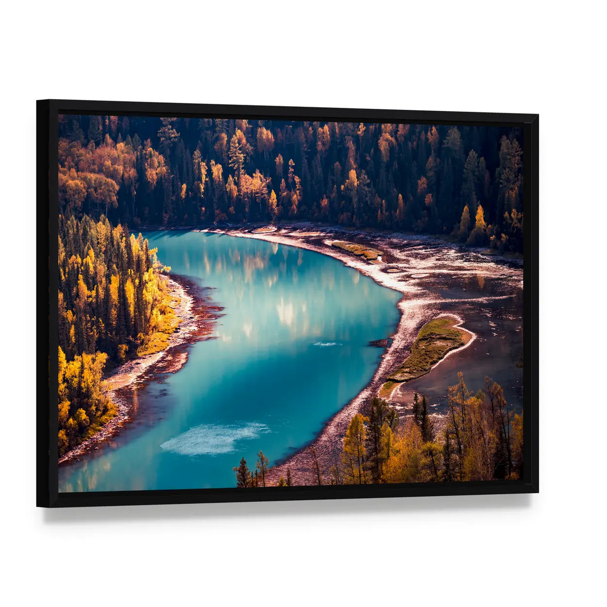 Xinjiang Kanas River In China Canvas Wall Art, framed canvas in a black floater frame, angled product view