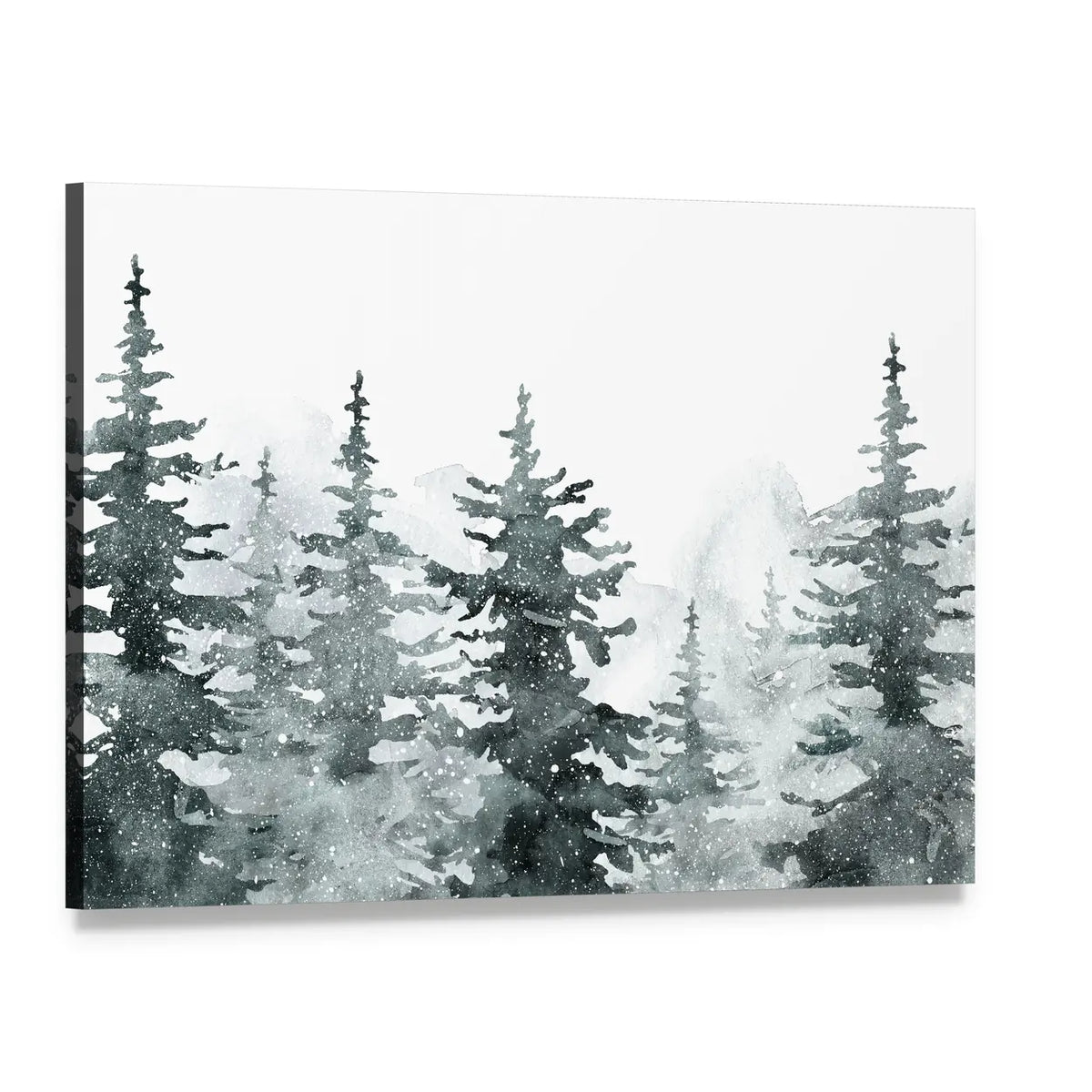 Snowy Evergreen Forest Canvas Wall Art, single panel gallery wrapped canvas, angled product view