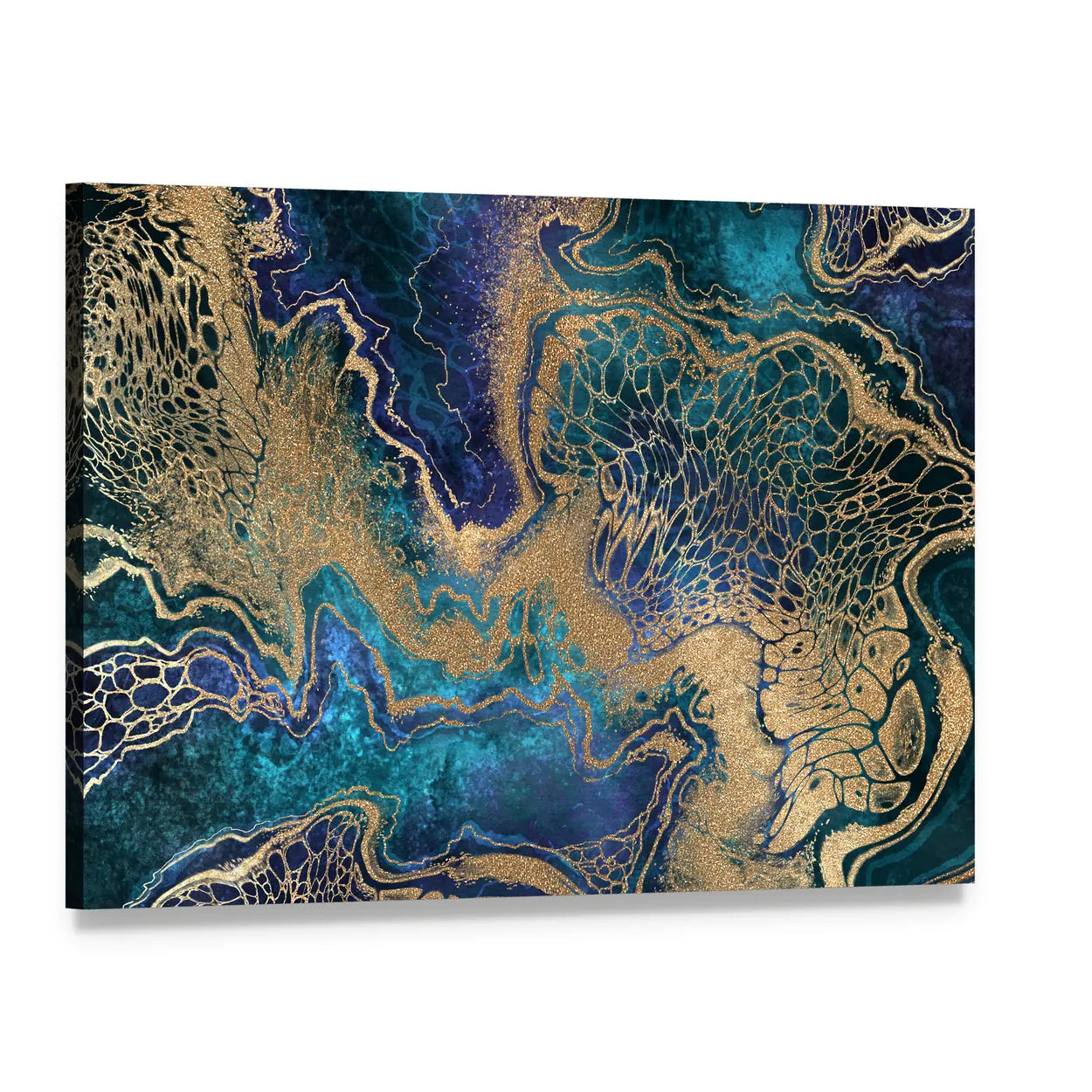 Blue And Gold Marble Texture Canvas Wall Art, single panel gallery wrapped canvas, angled product view
