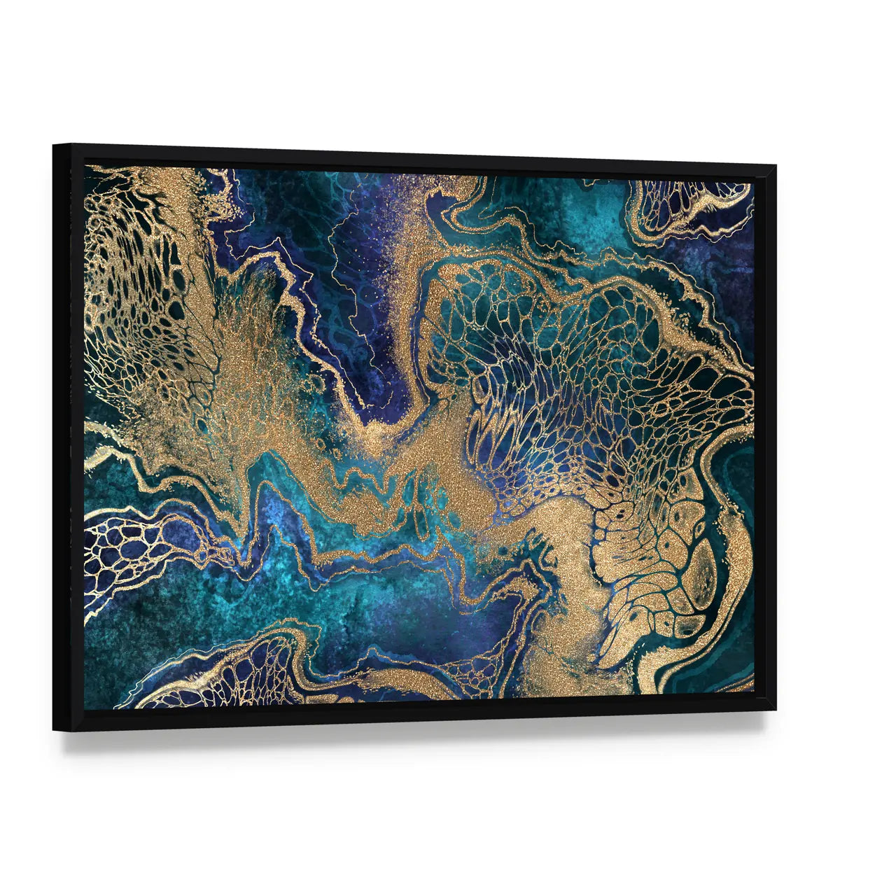 Blue And Gold Marble Texture Canvas Wall Art, framed canvas in a black floater frame, angled product view