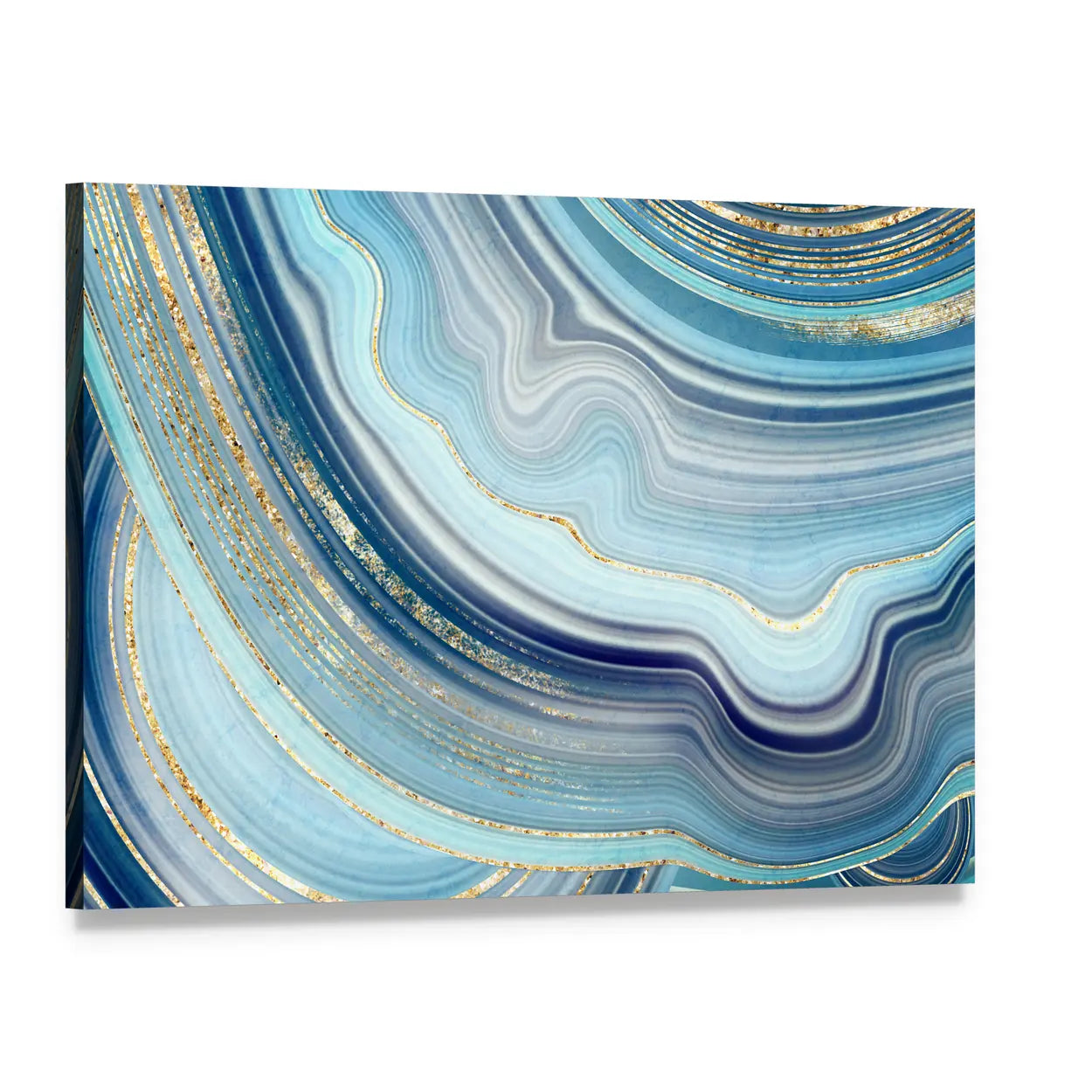 Swirling Blue Agate Marble with Gold Veins Canvas Wall Art, single panel gallery wrapped canvas, angled product view