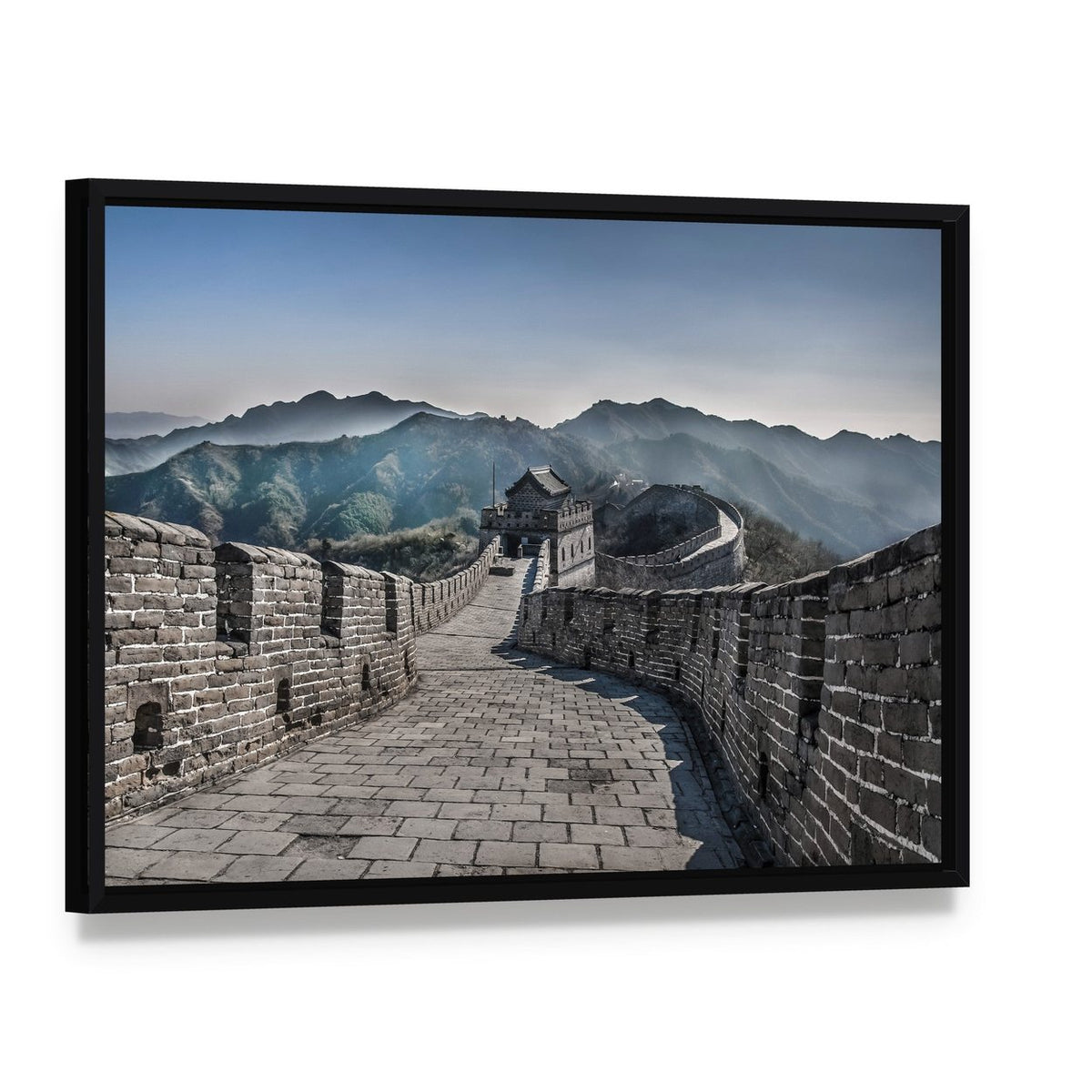 Great Wall of China Mutianyu Section Canvas Wall Art, framed canvas in a black floater frame, angled product view