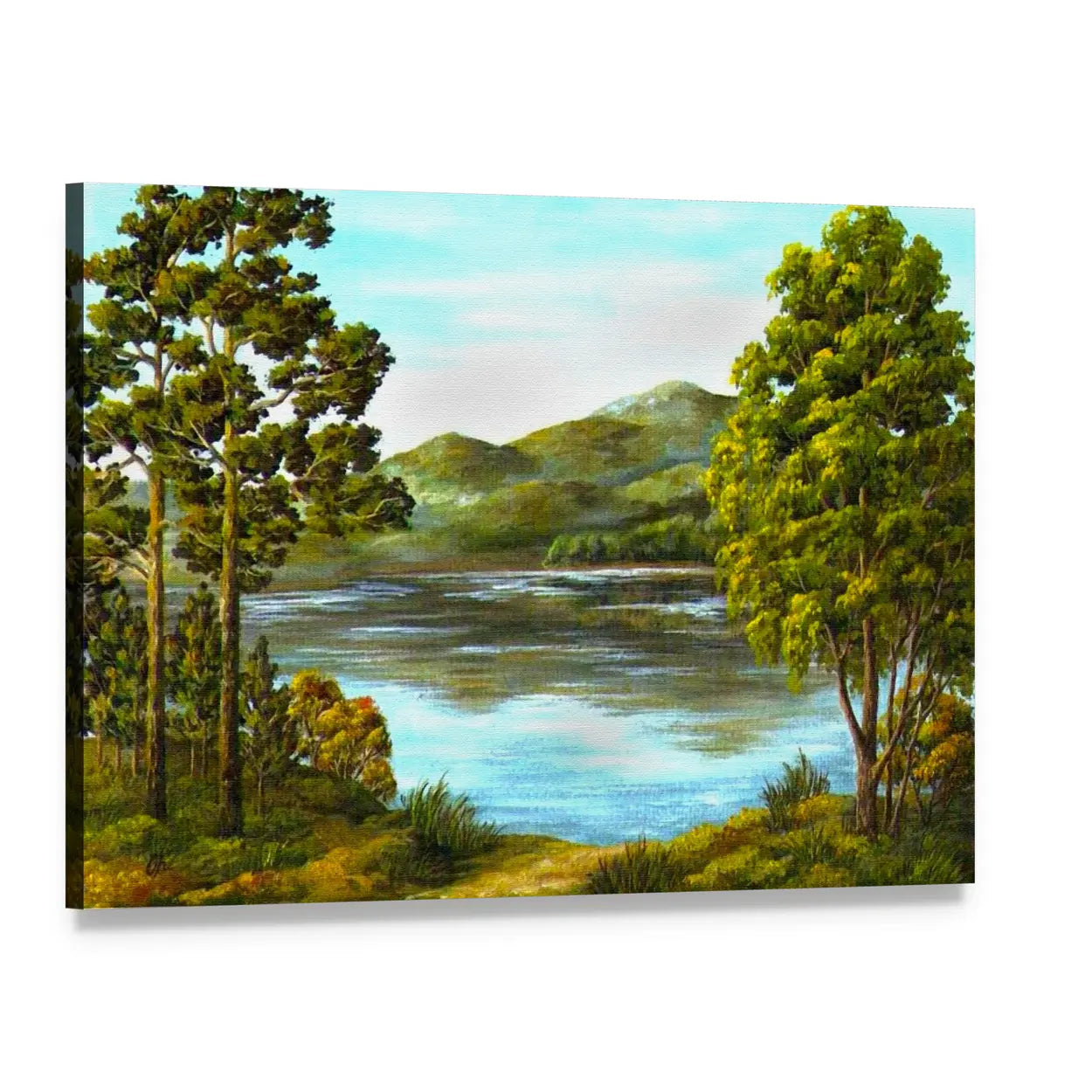 Autumn Mountain Lake Canvas Wall Art, single panel gallery wrapped canvas, angled product view