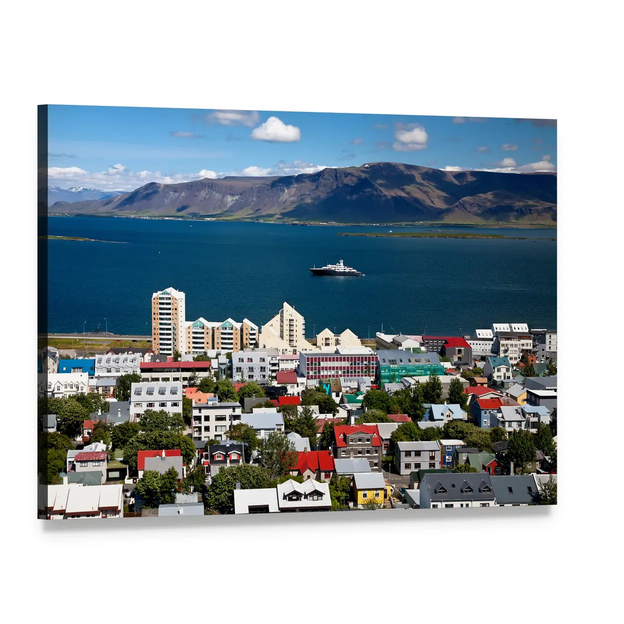 Reykjavik Harbor and Colorful Rooftops Canvas Wall Art, single panel gallery wrapped canvas, angled product view
