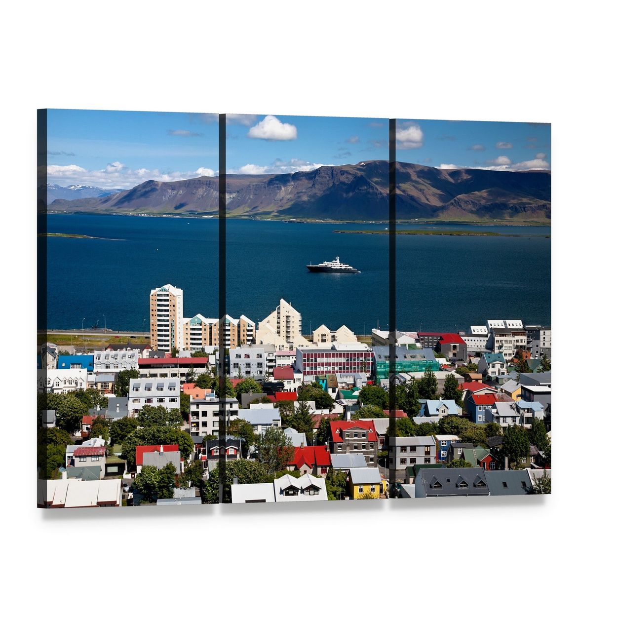 Reykjavik Harbor Aerial View Canvas Wall Art, 3 panel 3 Horizontal layout gallery wrapped canvas set, angled product view