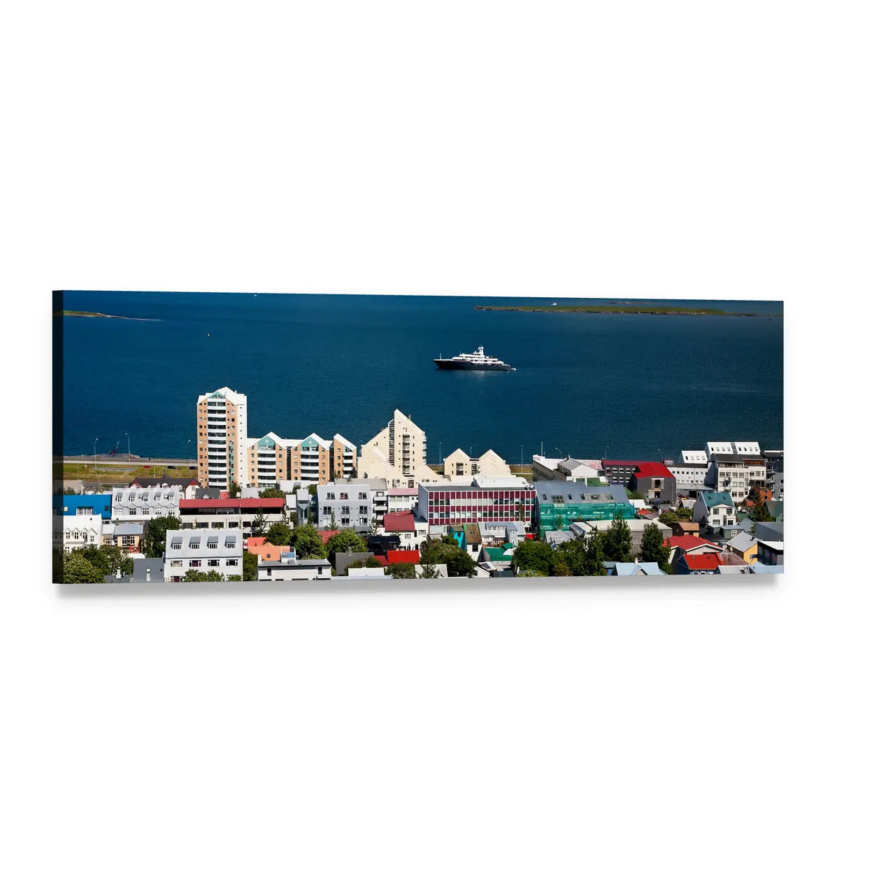 Reykjavik Coastal Cityscape with Ship Panoramic Canvas Wall Art, single panel gallery wrapped canvas, angled product view