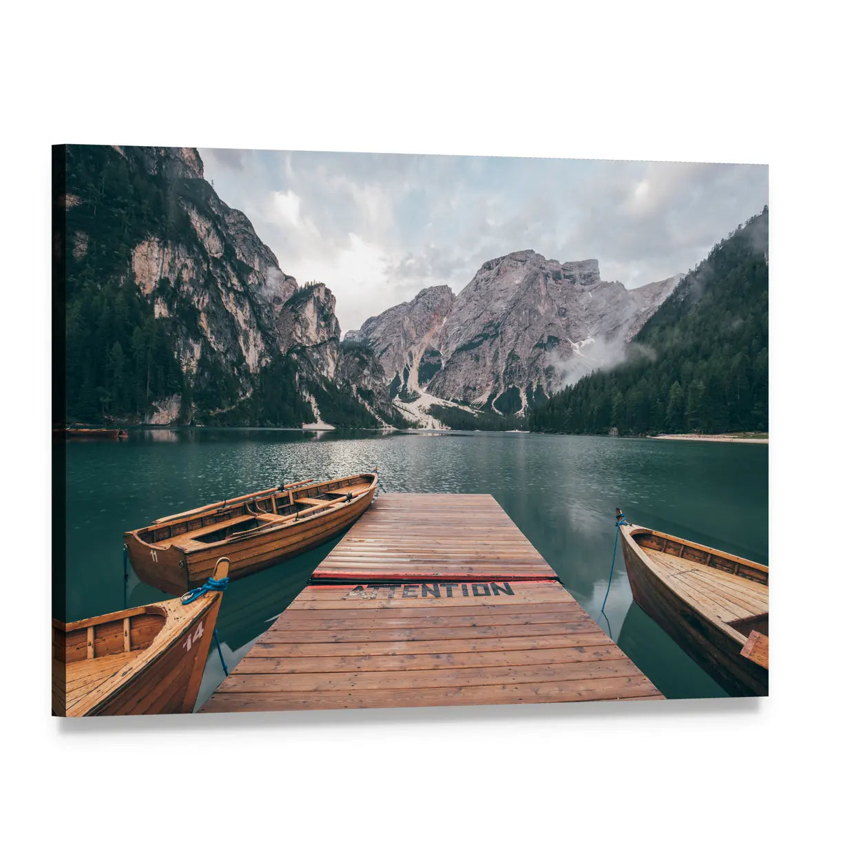 Wooden Rowboats on Lake Braies Canvas Wall Art, single panel gallery wrapped canvas, angled product view