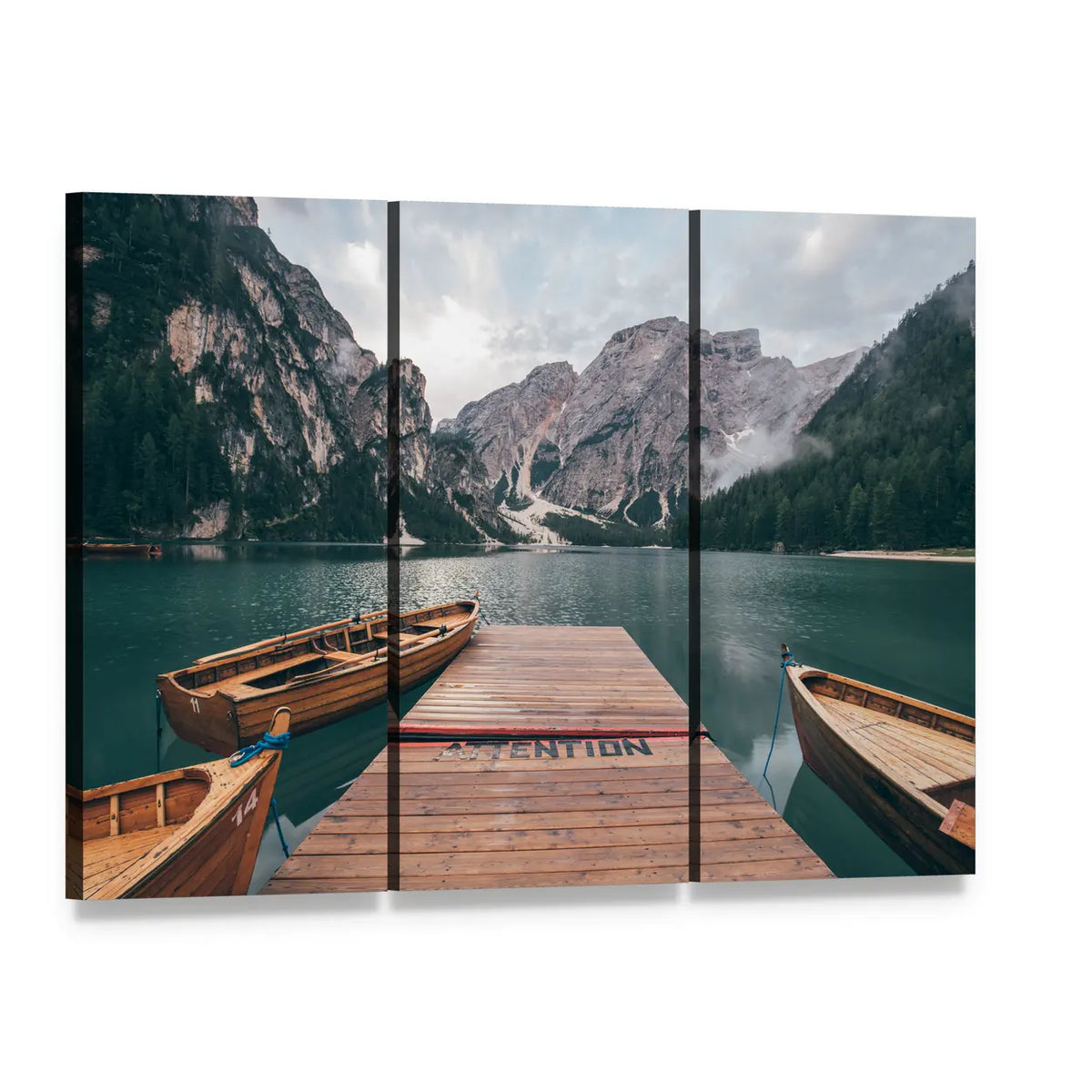 Wooden Rowboats on Lake Braies Canvas Wall Art, 3 panel 3 Horizontal layout gallery wrapped canvas set, angled product view