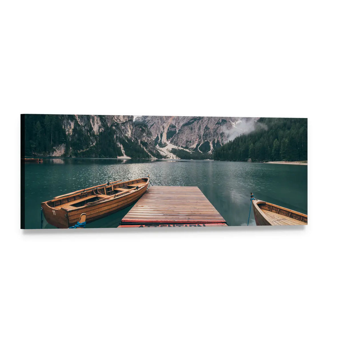 Boats on Lake Braies Panoramic Canvas Wall Art, single panel gallery wrapped canvas, angled product view