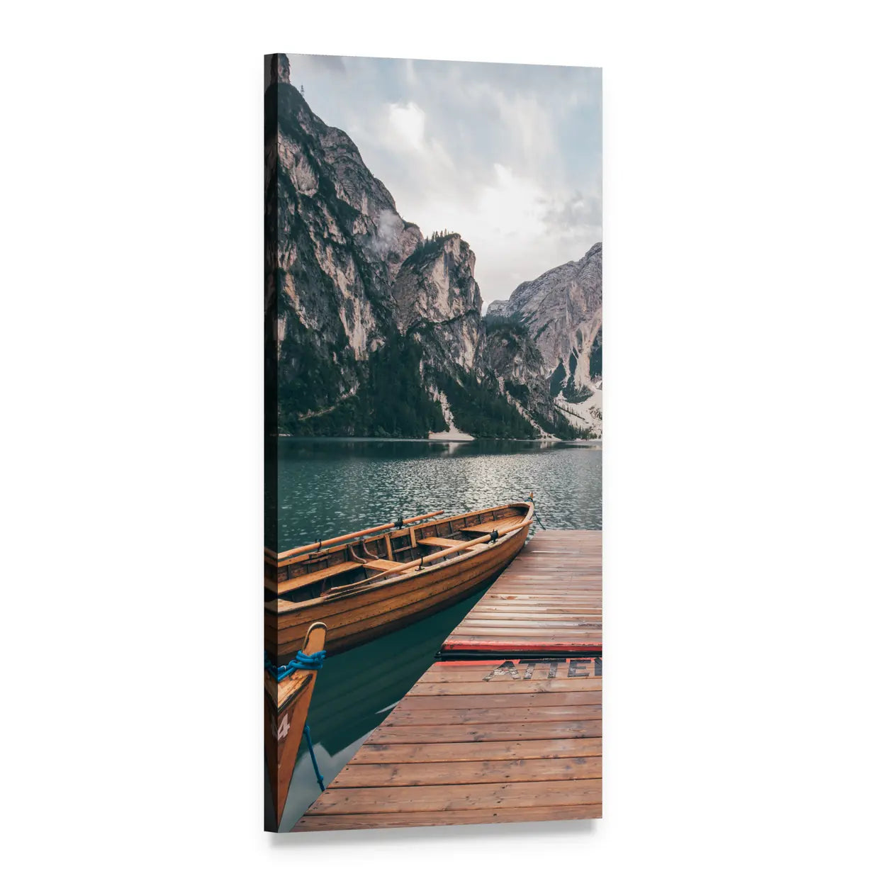 Rowboat and Pier on Alpine Lake Vertical Canvas Wall Art, 1 panel 1 Vertical layout gallery wrapped canvas set, angled product view