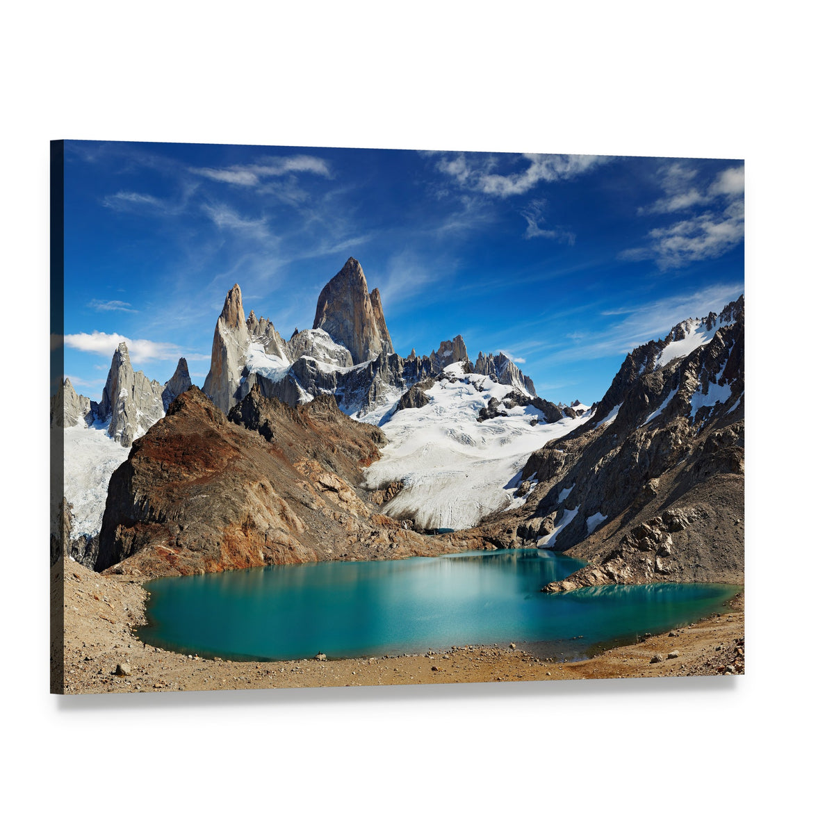 Laguna De Los Tres Mountain Lake Canvas Wall Art, single panel gallery wrapped canvas, angled product view