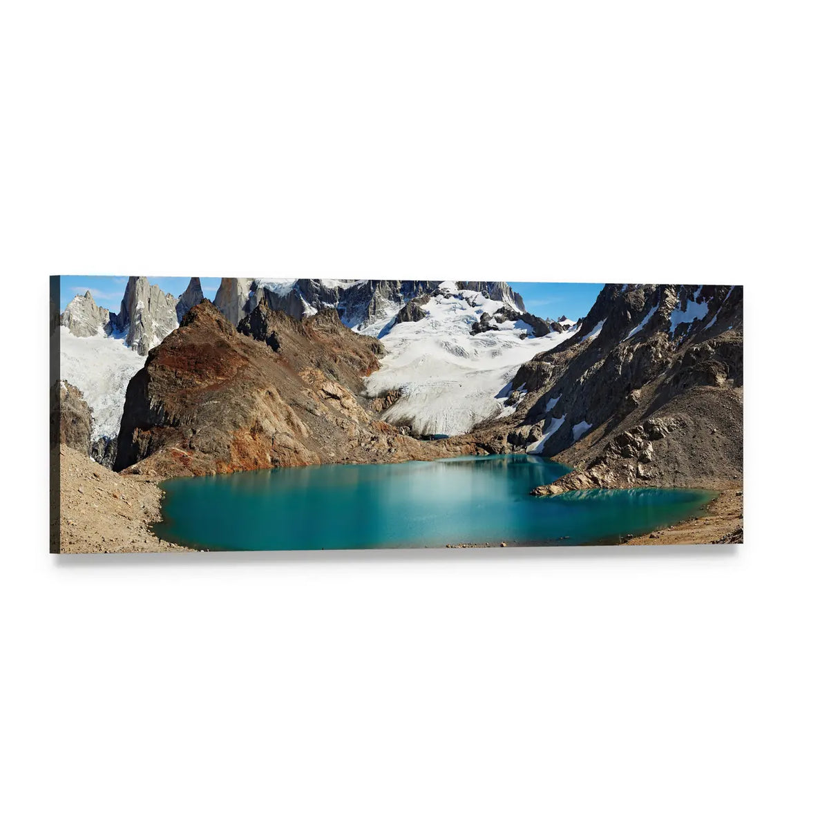 Laguna De Los Tres Alpine Lake Panoramic Canvas Wall Art, single panel gallery wrapped canvas, angled product view