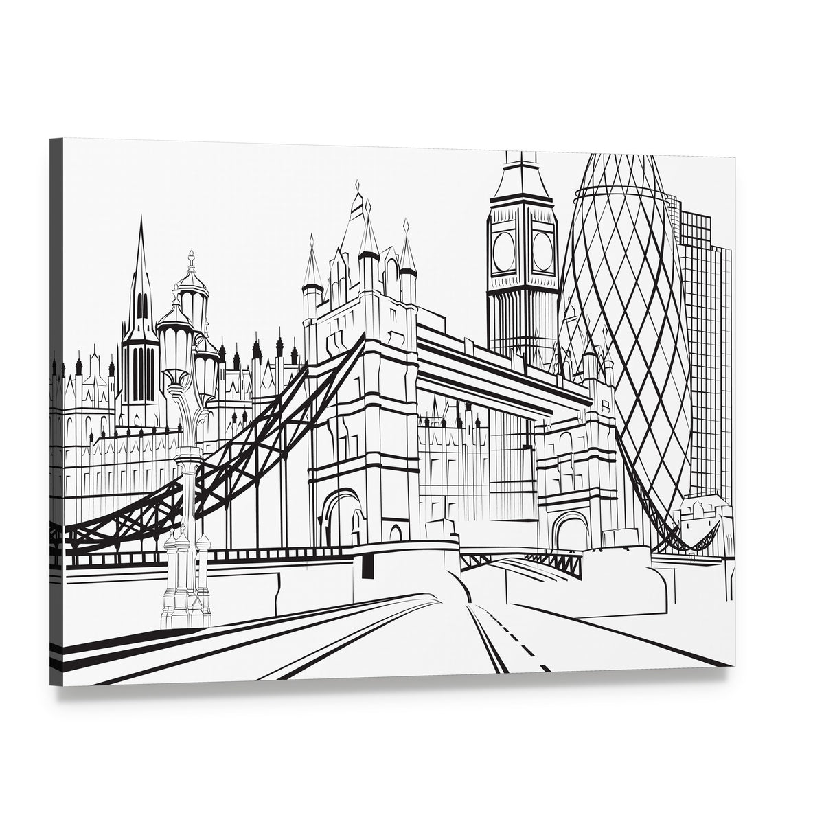 London Skyline Sketch Silhouette Canvas Wall Art, single panel gallery wrapped canvas, angled product view