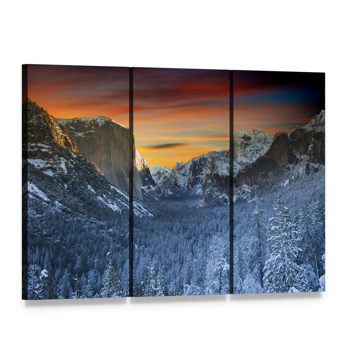 Winter Evening in Yosemite National Park Canvas Wall Art, 3 panel 3 Horizontal layout gallery wrapped canvas set, angled product view