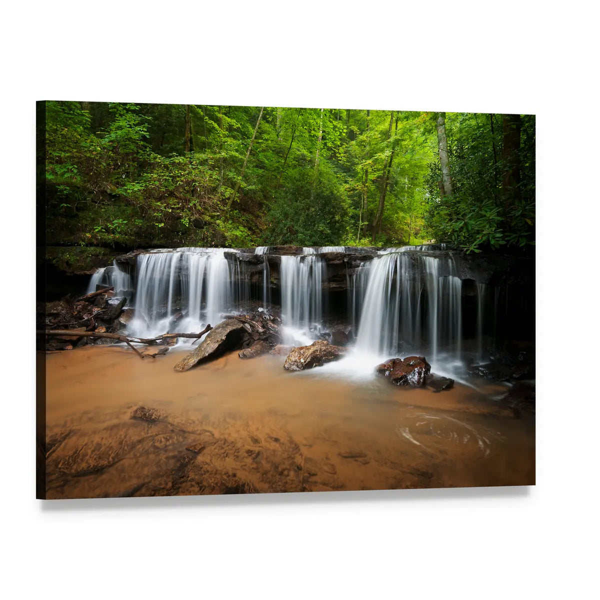 Peaceful Forest Waterfalls Canvas Wall Art, single panel gallery wrapped canvas, angled product view