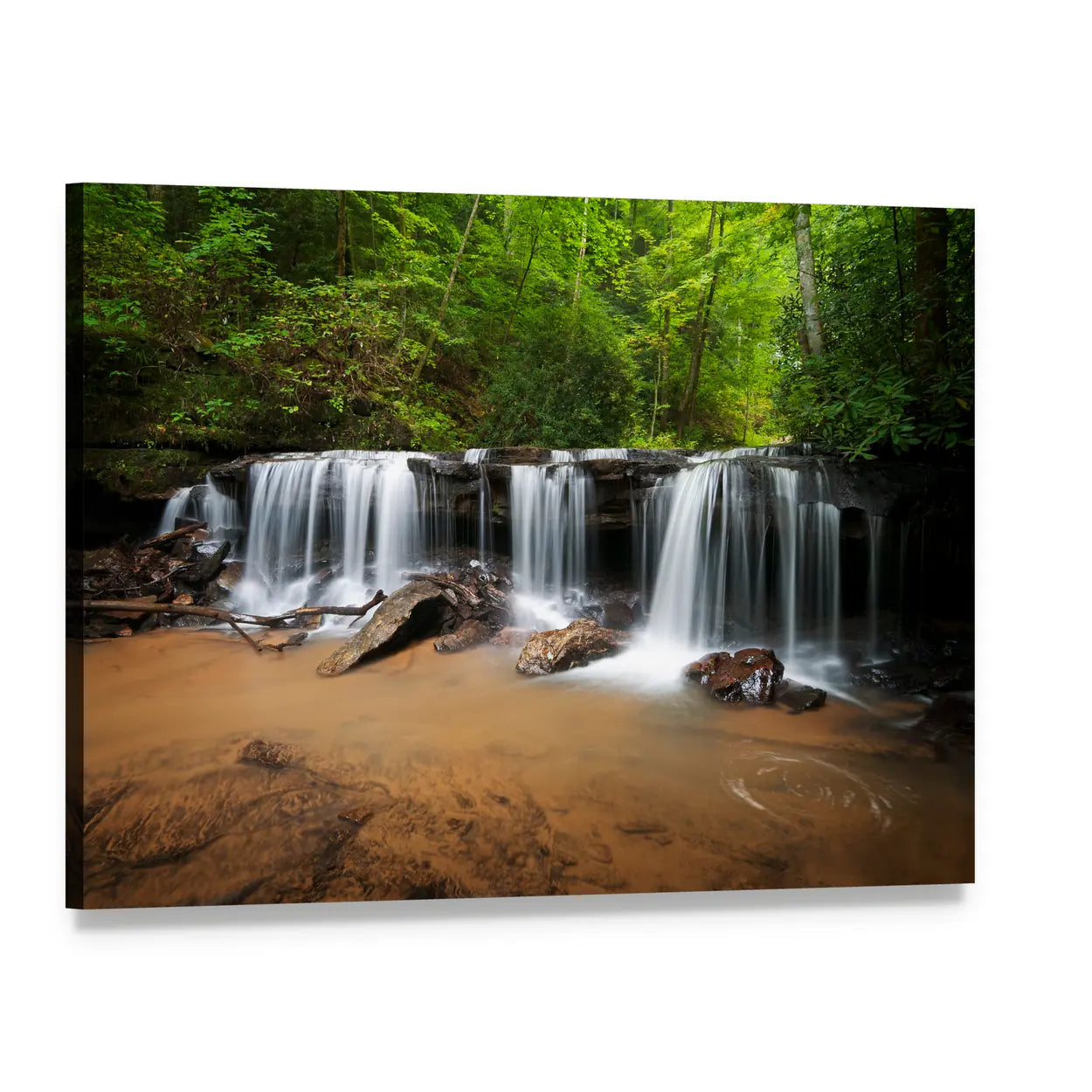 Peaceful Forest Waterfalls Canvas Wall Art, single panel gallery wrapped canvas, angled product view