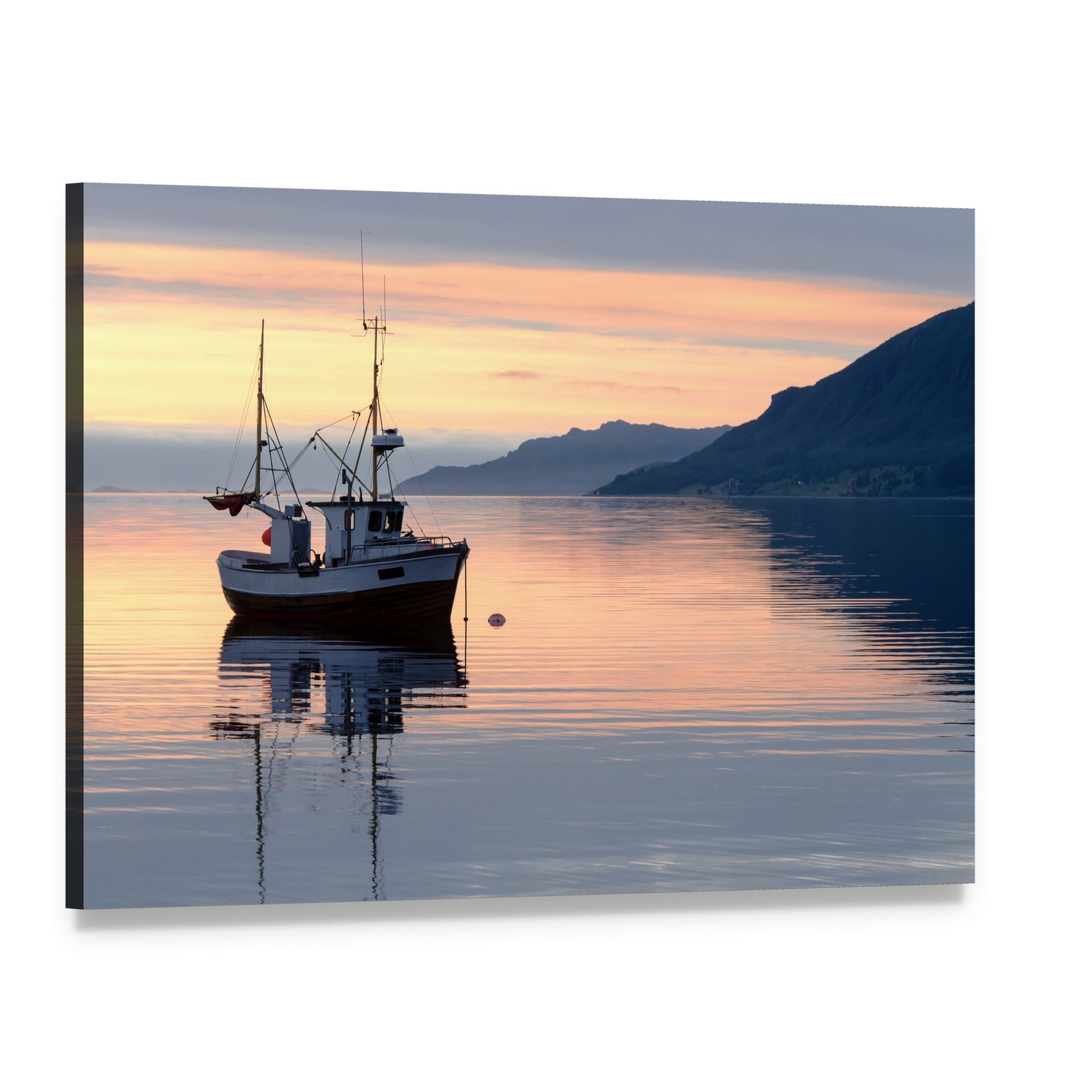 Fishing Boat at Sundown Over Calm Water Canvas Wall Art, single panel gallery wrapped canvas, angled product view
