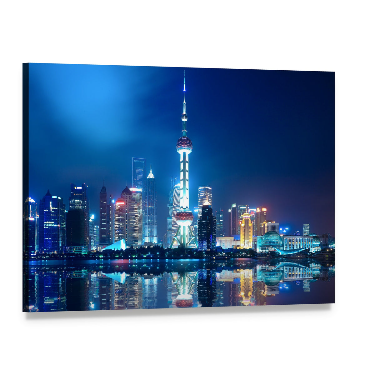 Shanghai Skyline with Reflection at Night Canvas Wall Art, single panel gallery wrapped canvas, angled product view