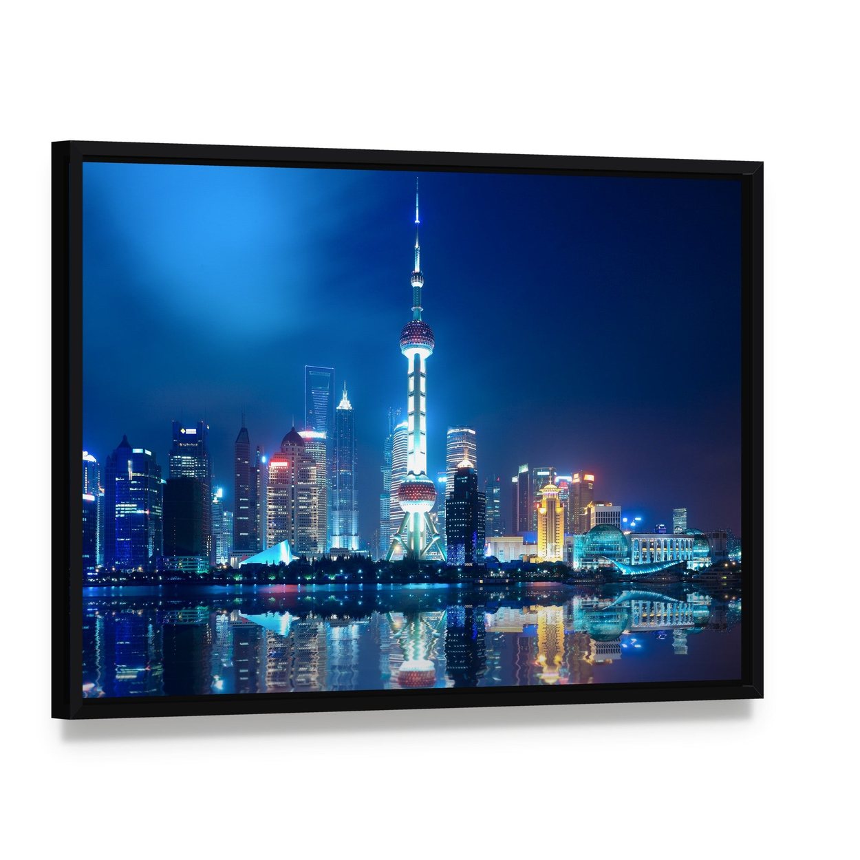 Shanghai Skyline with Reflection at Night Canvas Wall Art, framed canvas in a black floater frame, angled product view