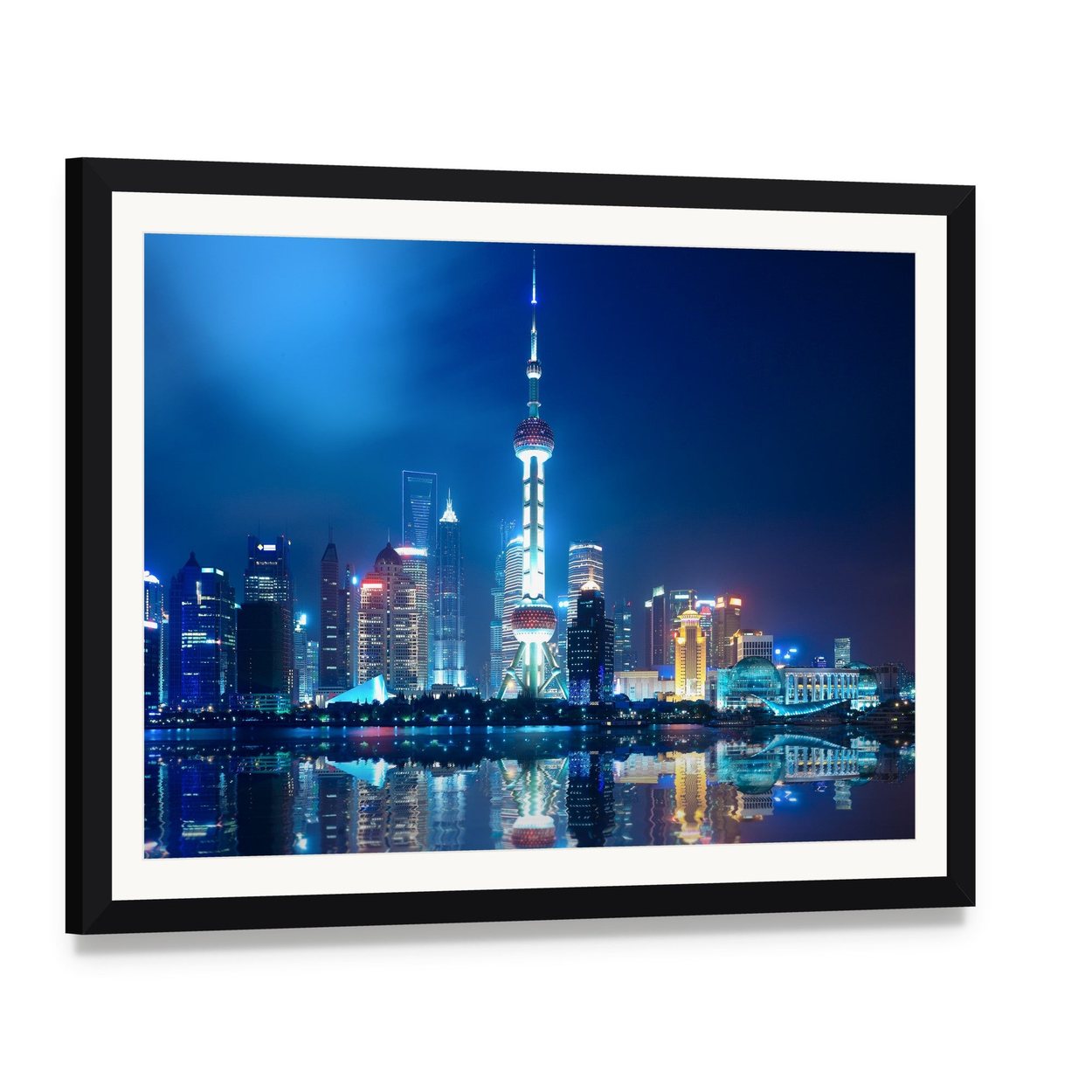 Shanghai Skyline with Reflection at Night Canvas Wall Art, framed print with white mat and black frame, angled product view