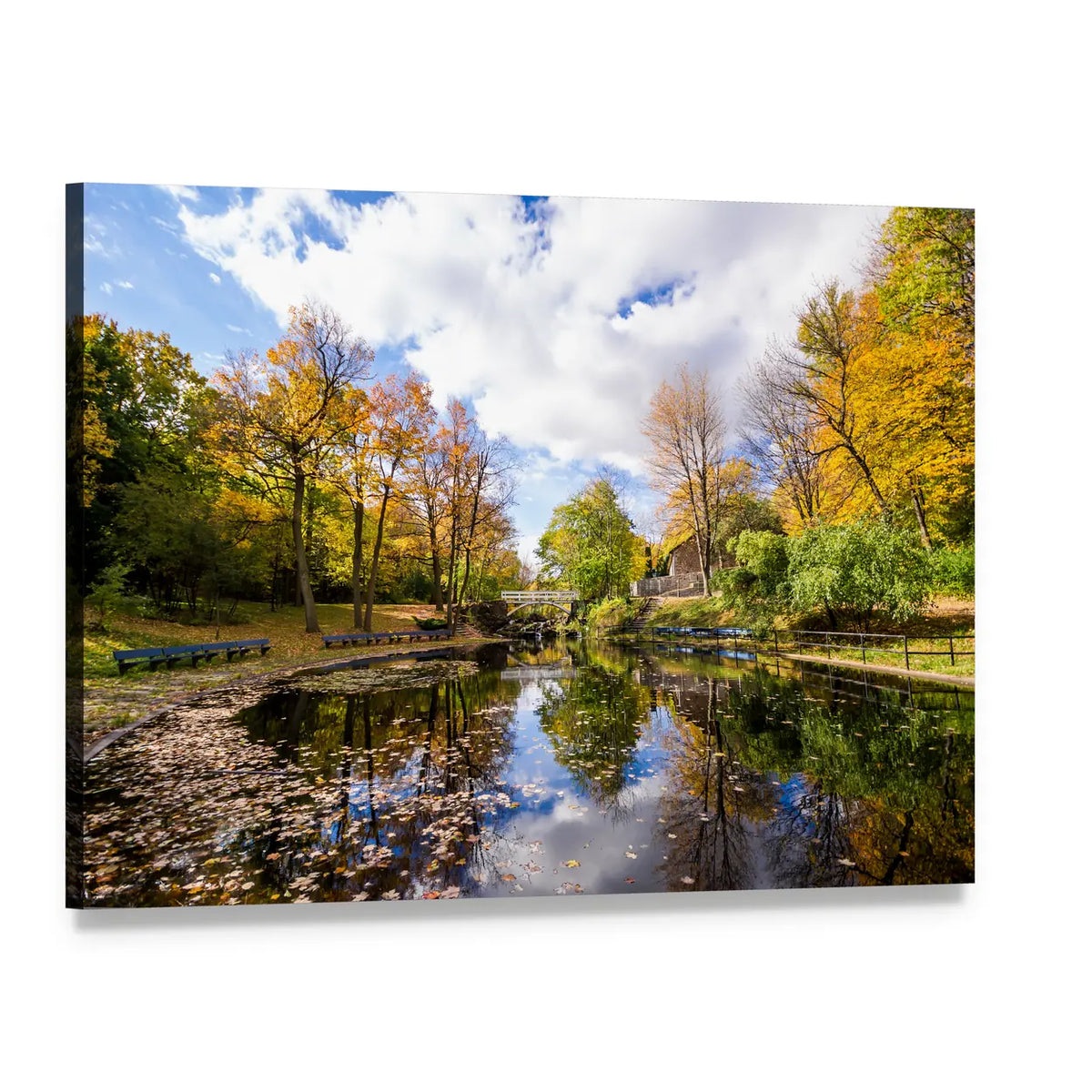 Autumn Trees Reflected in a Lake Canvas Wall Art, single panel gallery wrapped canvas, angled product view