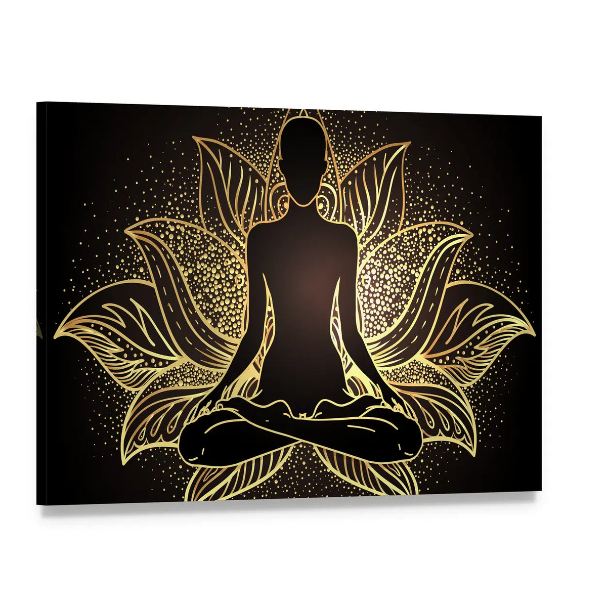 Silhouette In lotus Position Over Ornate Mandala Canvas Wall Art, single panel gallery wrapped canvas, angled product view