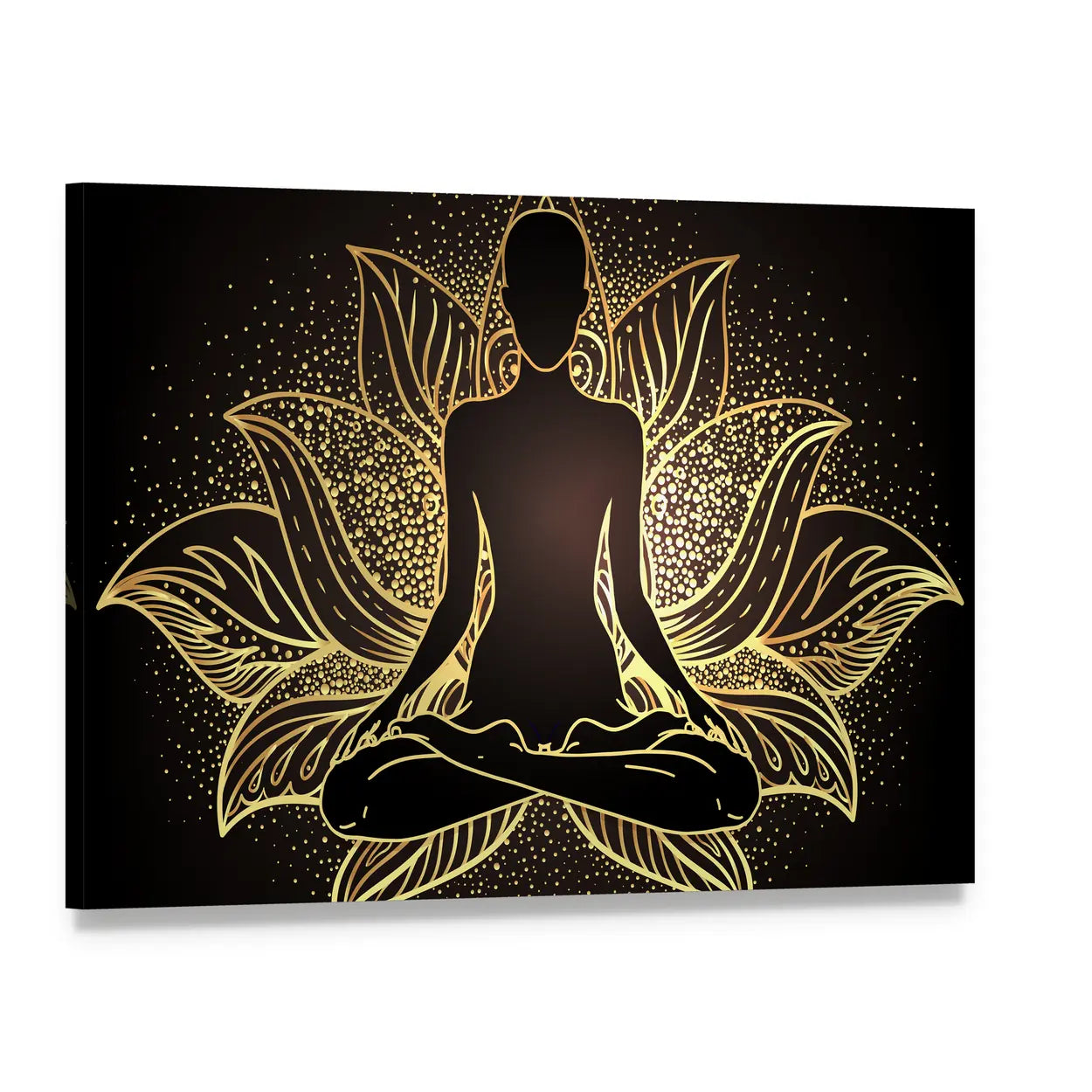 Silhouette In lotus Position Over Ornate Mandala Canvas Wall Art, single panel gallery wrapped canvas, angled product view