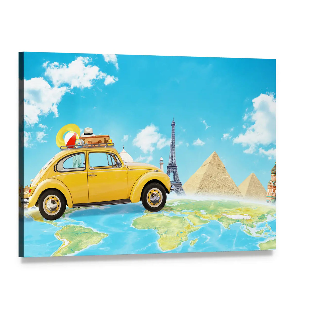 Yellow Vintage Car Over World Map Canvas Wall Art, single panel gallery wrapped canvas, angled product view