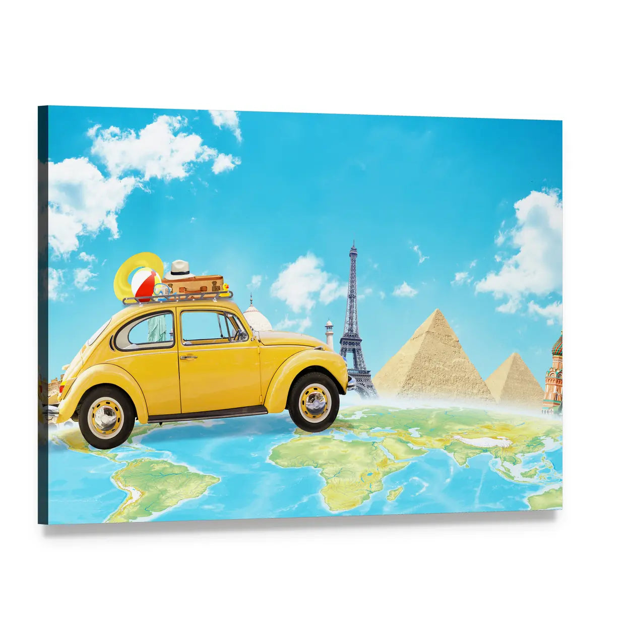 Yellow Vintage Car Over World Map Canvas Wall Art, single panel gallery wrapped canvas, angled product view