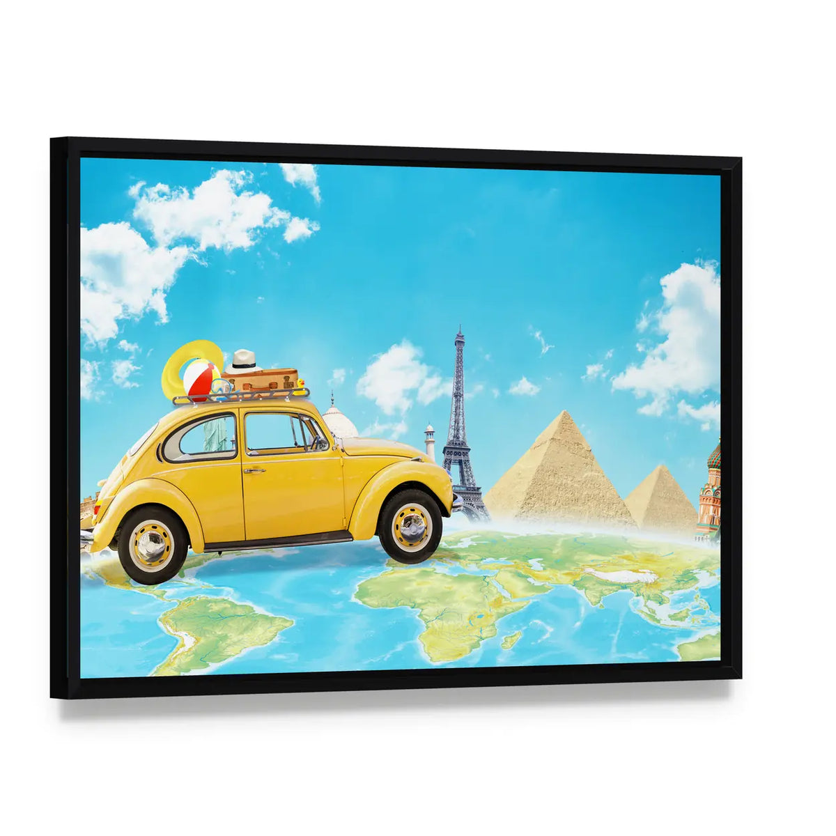 Yellow Vintage Car Over World Map Canvas Wall Art, framed canvas in a black floater frame, angled product view