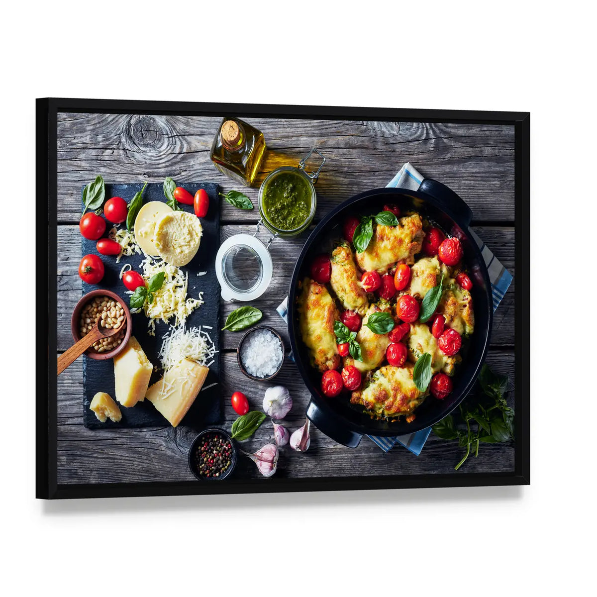 Baked Chicken Breast Rolls With Ingredients Canvas Wall Art, framed canvas in a black floater frame, angled product view