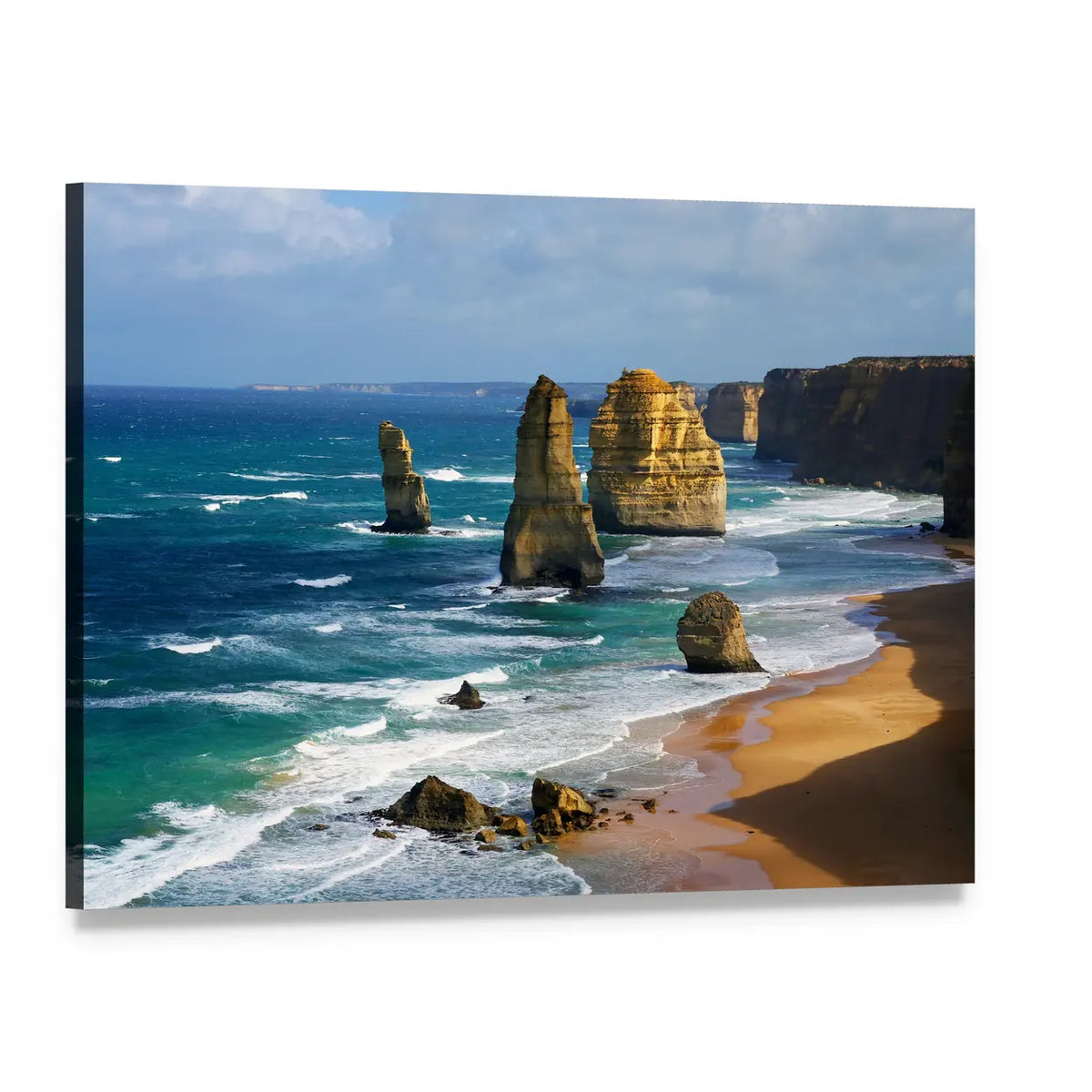 12 Apostles Limestone Stacks Canvas Wall Art, single panel gallery wrapped canvas, angled product view