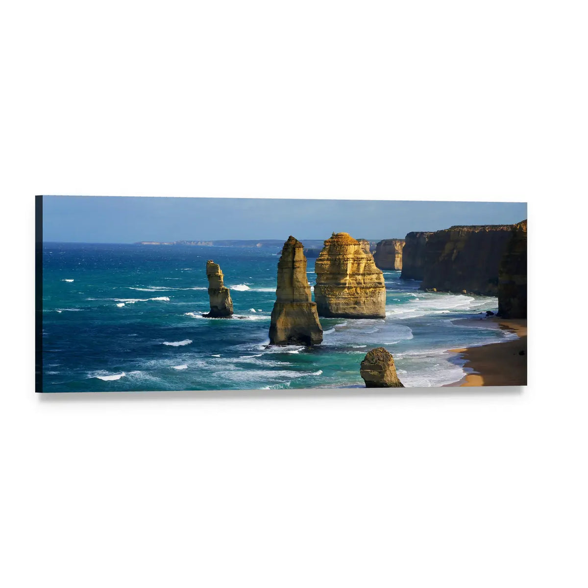 Twelve Apostles Sea Stacks and Coastal Cliffs Panoramic Canvas Wall Art, single panel gallery wrapped canvas, angled product view