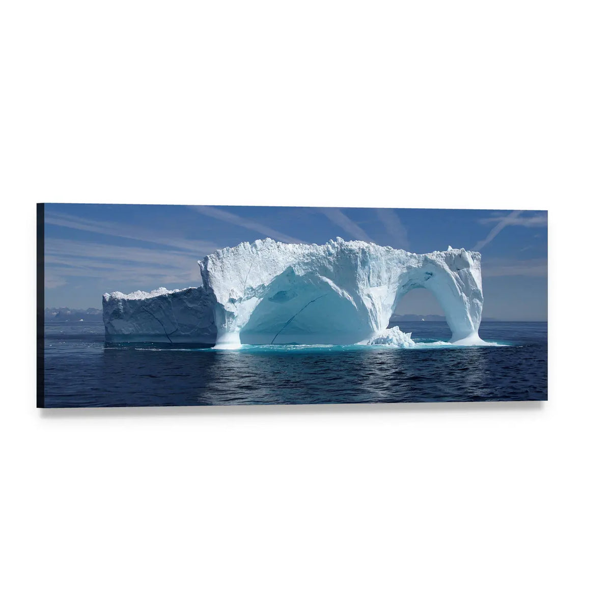 Greenland Iceberg with Natural Ice Arch Panoramic Canvas Wall Art, single panel gallery wrapped canvas, angled product view