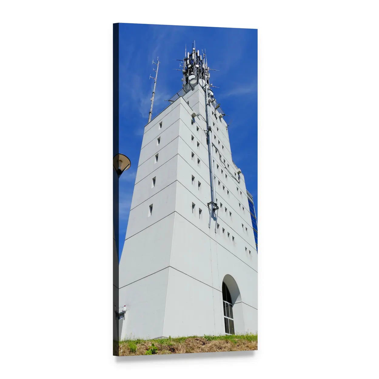 White Communications Tower with Antenna Array Vertical Canvas Wall Art, 1 panel 1 Vertical layout gallery wrapped canvas set, angled product view