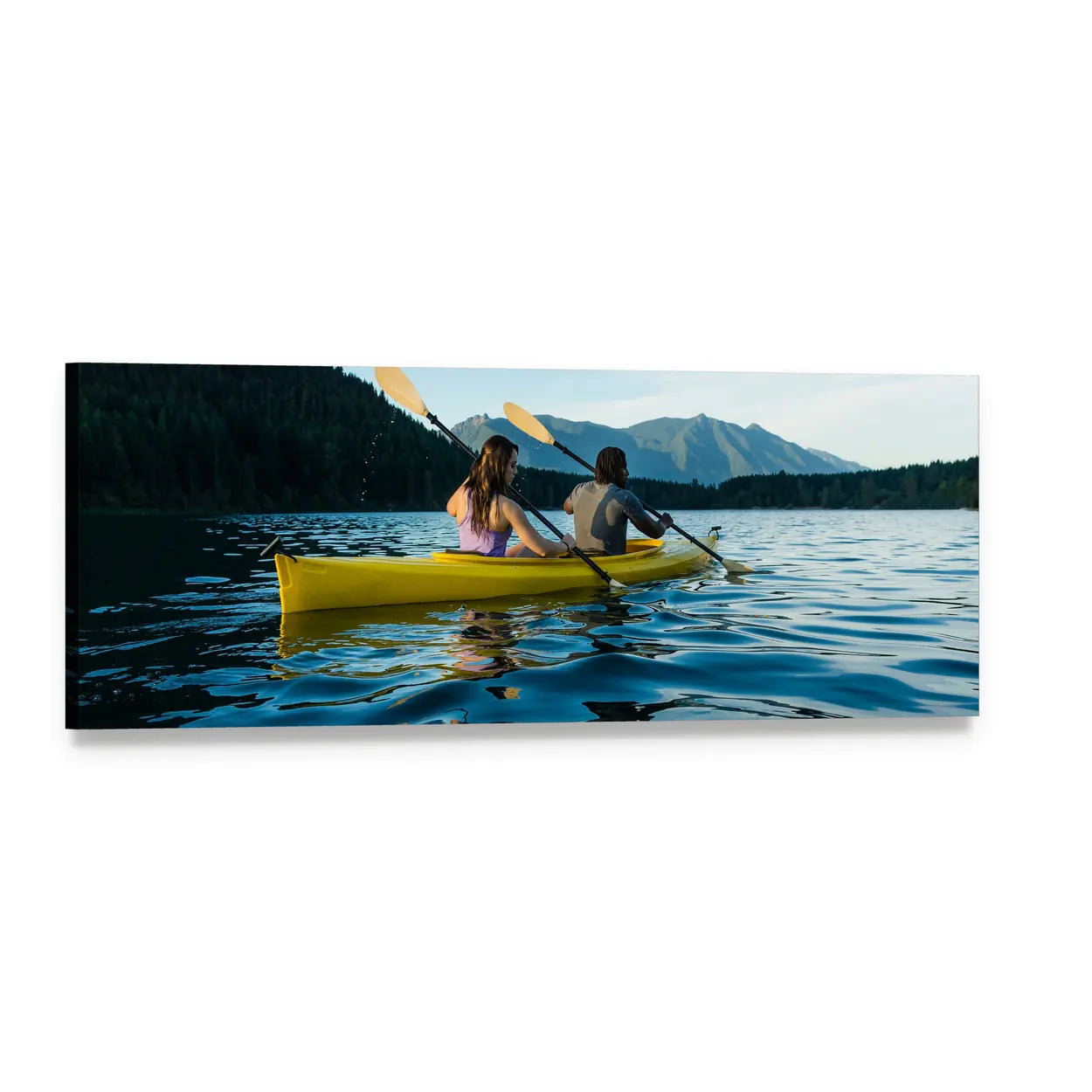 Couple Paddling on Lake Panoramic Canvas Wall Art, single panel gallery wrapped canvas, angled product view