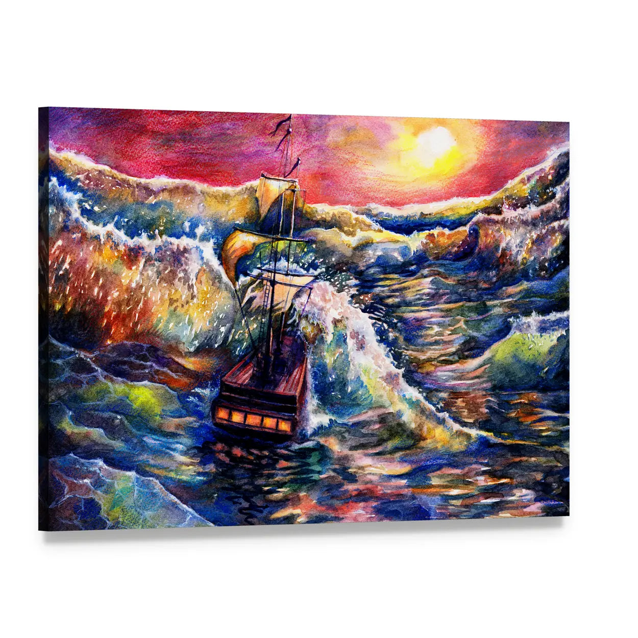 Sunset Sailing Ship in Stormy Sea Canvas Wall Art, single panel gallery wrapped canvas, angled product view