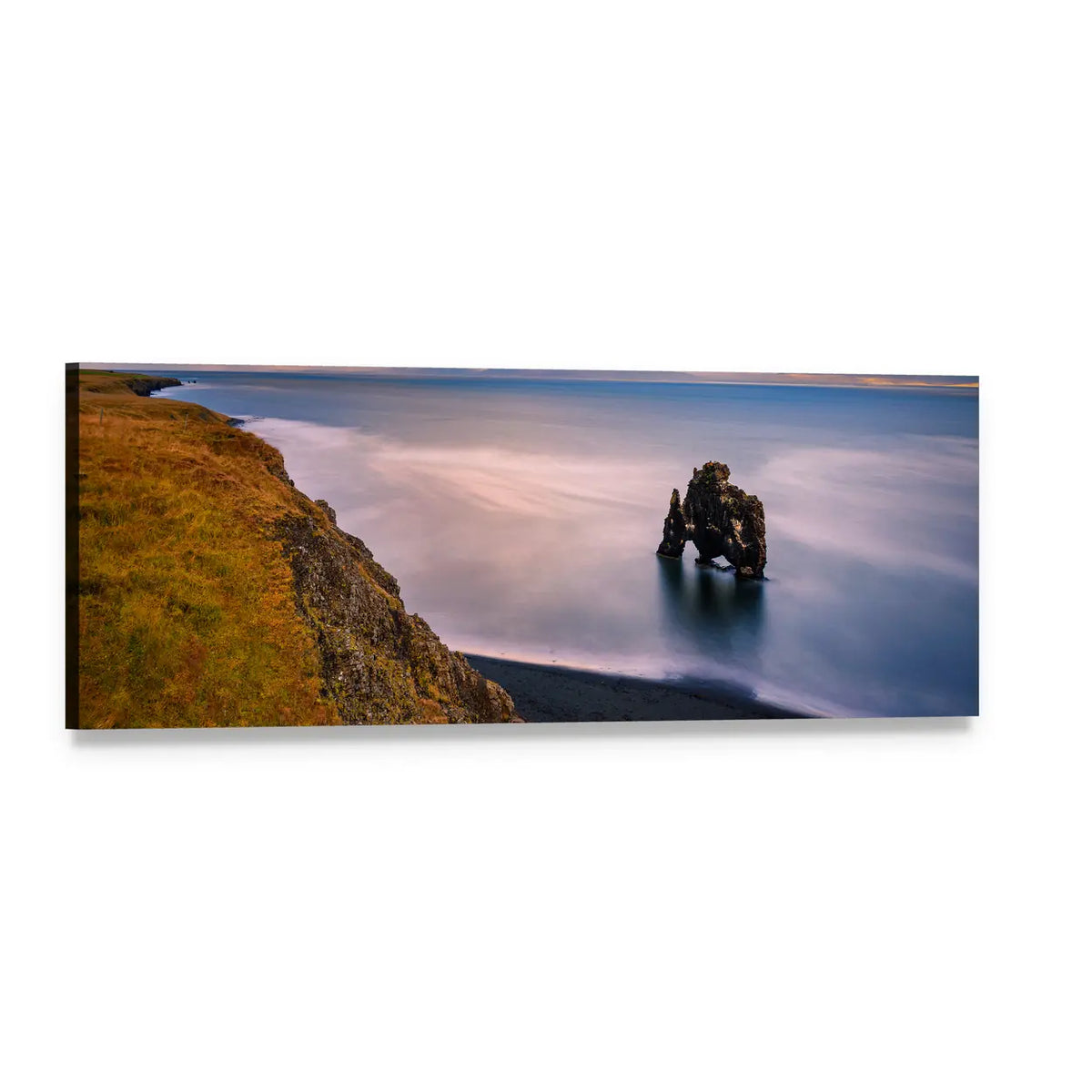 Hvítserkur Sea Stack at Sunset Panoramic Canvas Wall Art, single panel gallery wrapped canvas, angled product view